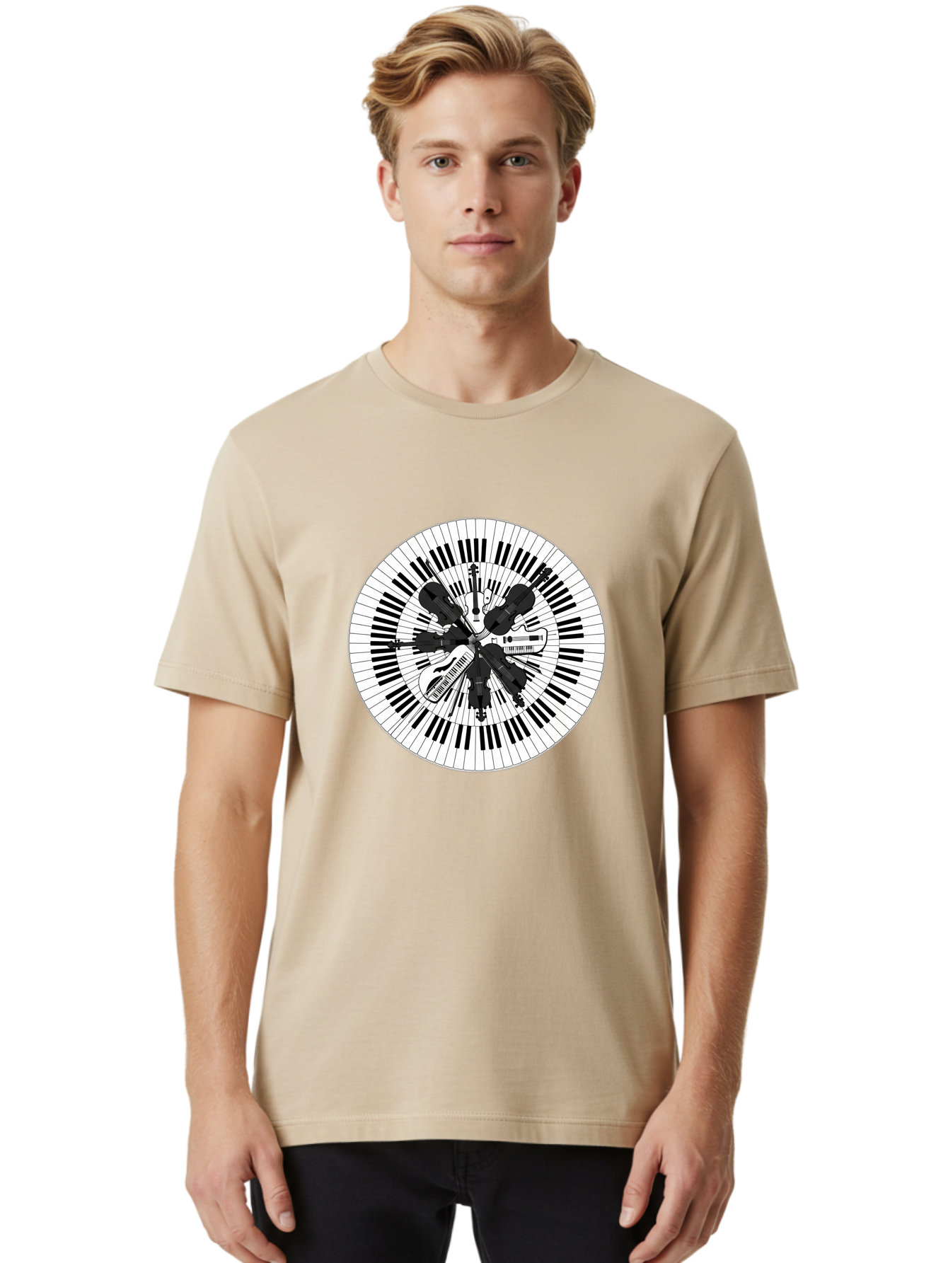 Piano-Keys-Music-Instruments Men'S Graphic Tee, 100% Cotton, Comfortable Casual Summer Wear, Machine Washable, Music Instruments, Musical Notes, Guitar, Microphone, Sound Equipment, Audio Technology, Music Production, Sound Waves, Bad413