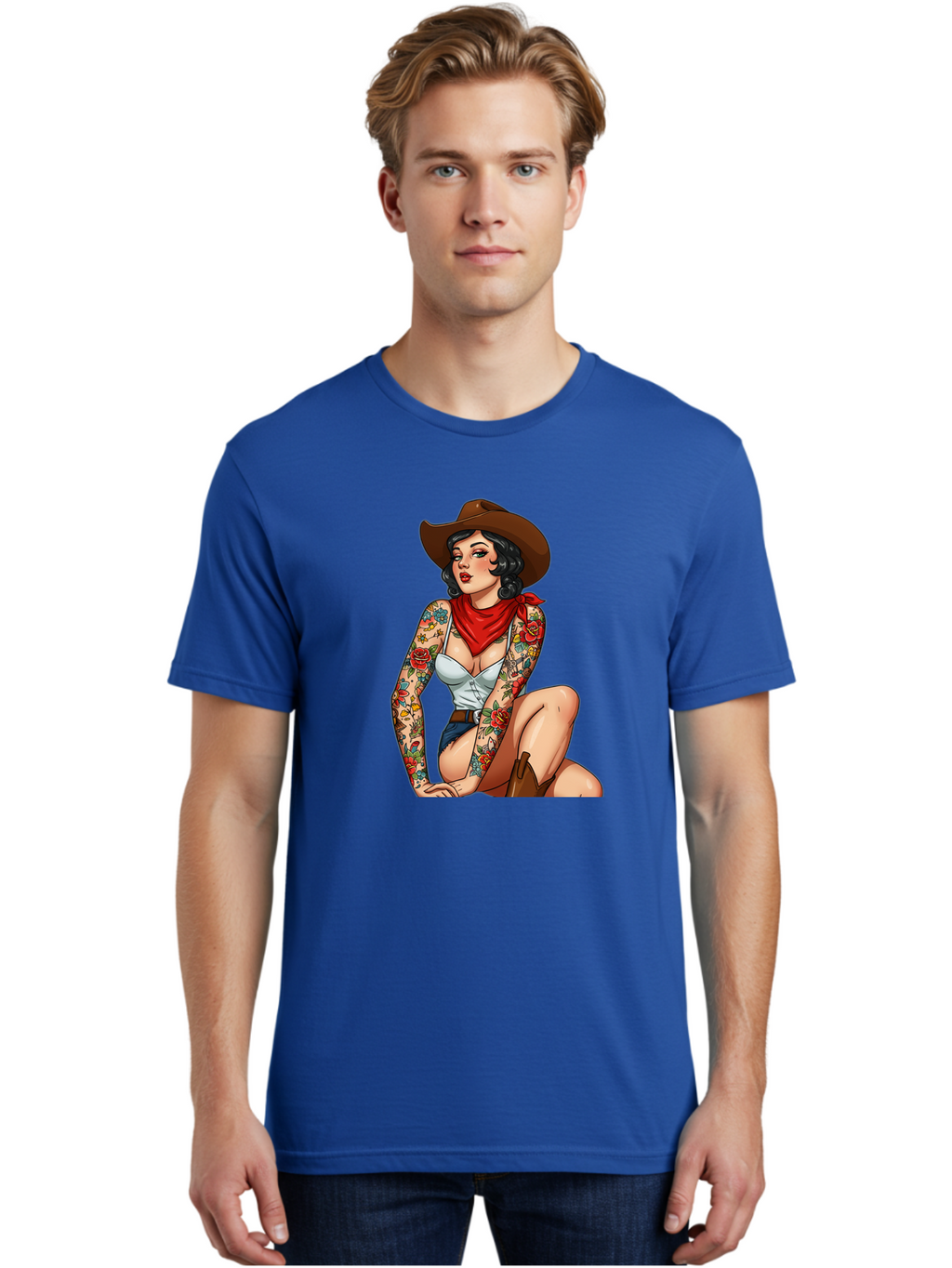 Pin-Up-Cowgirl Men'S Graphic Tee, 100% Cotton, Comfortable Casual Summer Wear, Machine Washable, Pin-Up Girl, Cowgirl Style, Tattooed Woman, Western Fashion, Retro Aesthetic, Sexy Cowboy Boots, Floral Tattoos, Classic Pinup Art, Bold And Sassy Bad415