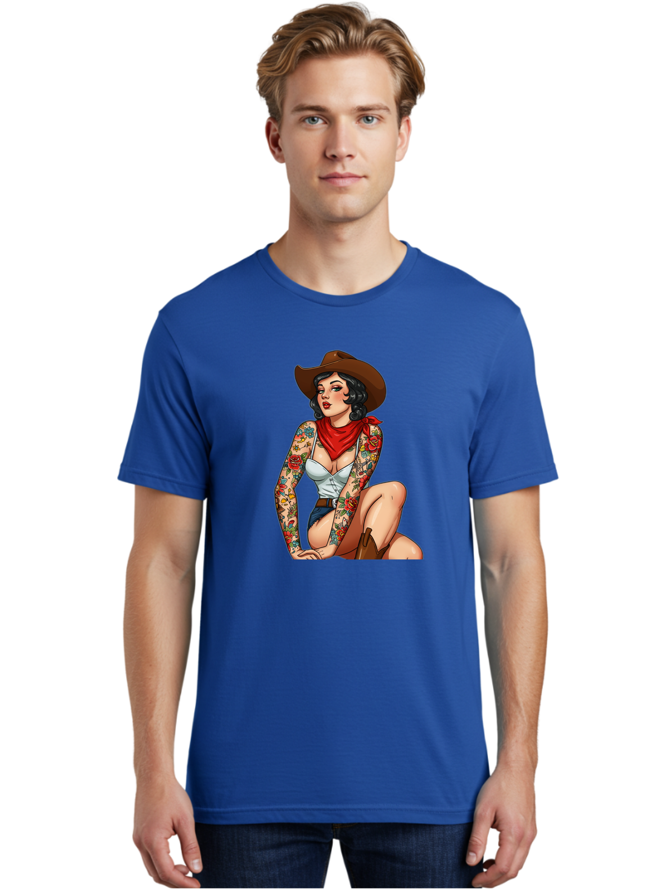 Pin-Up-Cowgirl Men'S Graphic Tee, 100% Cotton, Comfortable Casual Summer Wear, Machine Washable, Pin-Up Girl, Cowgirl Style, Tattooed Woman, Western Fashion, Retro Aesthetic, Sexy Cowboy Boots, Floral Tattoos, Classic Pinup Art, Bold And Sassy Bad415