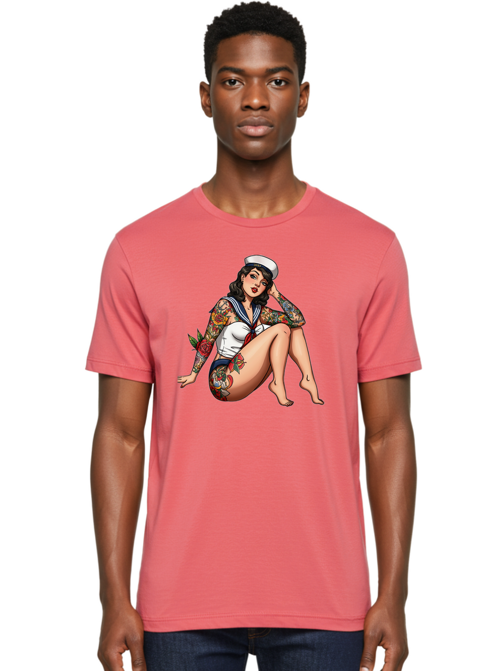 Pin-Up-Girl-Sailor Men'S Graphic Tee, 100% Cotton, Comfortable Casual Summer Wear, Machine Washable, Pin-Up Girl, Sailor Costume, Tattoos, Rose Tattoos, Nautical Theme, Vintage Style, Seductive Pose, Pin-Up Art, Body Art, Tattoo Art, Bad416