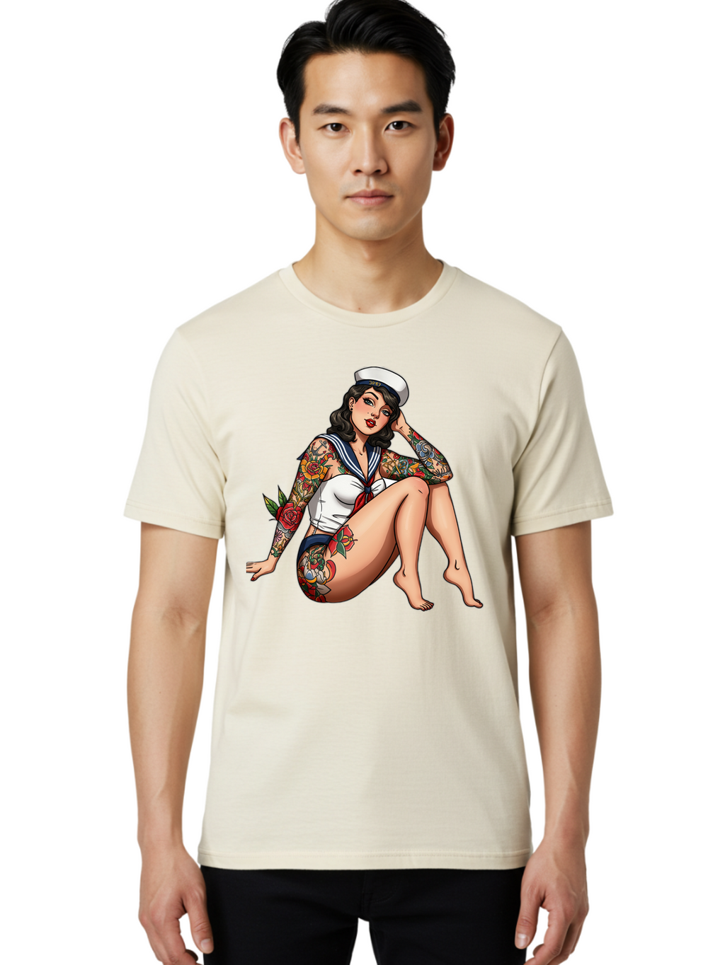 Pin-Up-Girl-Sailor Men'S Graphic Tee, 100% Cotton, Comfortable Casual Summer Wear, Machine Washable, Pin-Up Girl, Sailor Costume, Tattoos, Rose Tattoos, Nautical Theme, Vintage Style, Seductive Pose, Pin-Up Art, Body Art, Tattoo Art, Bad416