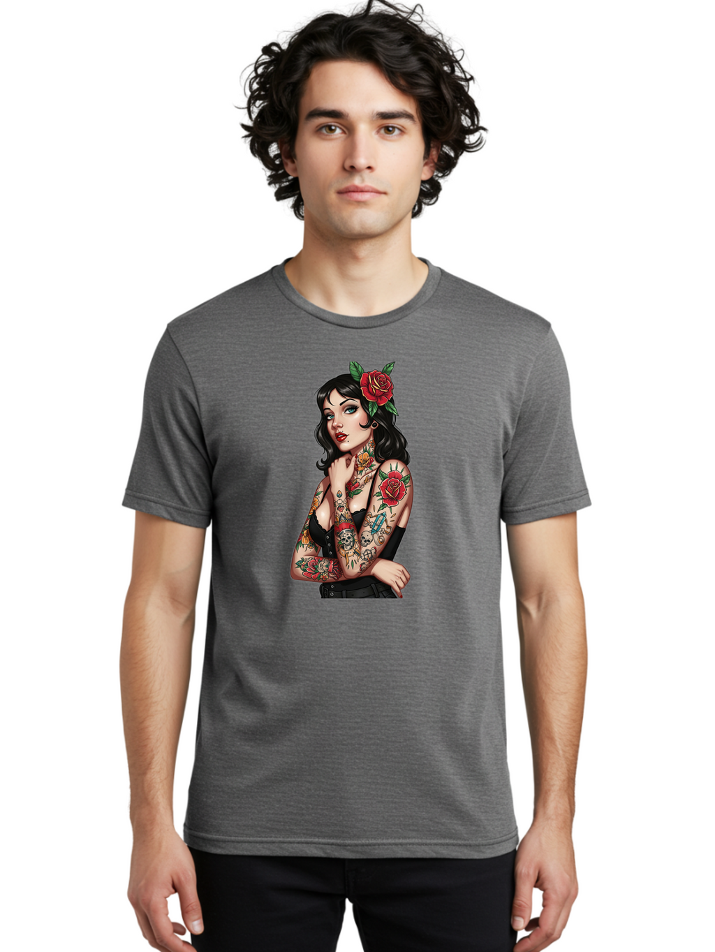Pin-Up-Girl-Tattoos Men'S Graphic Tee, 100% Cotton, Comfortable Casual Summer Wear, Machine Washable, Tattooed Pin-Up Girl, Vintage Style, Rose In Hair, Arm Tattoos, Roses, Skull, Dagger, Edgy, Feminine Charm, Classic Tattoo Art, Body Art Bad417