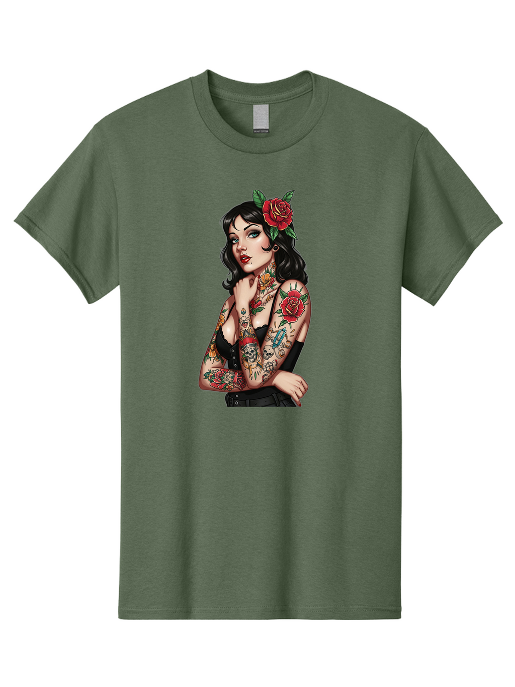 Pin-Up-Girl-Tattoos Men'S Graphic Tee, 100% Cotton, Comfortable Casual Summer Wear, Machine Washable, Tattooed Pin-Up Girl, Vintage Style, Rose In Hair, Arm Tattoos, Roses, Skull, Dagger, Edgy, Feminine Charm, Classic Tattoo Art, Body Art Bad417