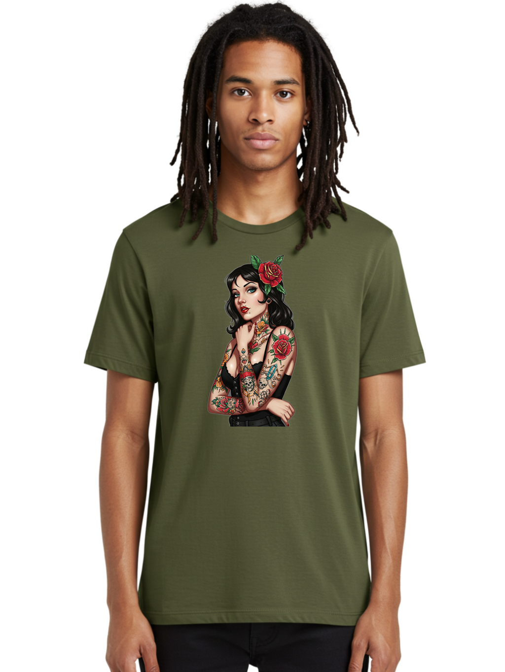 Pin-Up-Girl-Tattoos Men'S Graphic Tee, 100% Cotton, Comfortable Casual Summer Wear, Machine Washable, Tattooed Pin-Up Girl, Vintage Style, Rose In Hair, Arm Tattoos, Roses, Skull, Dagger, Edgy, Feminine Charm, Classic Tattoo Art, Body Art Bad417