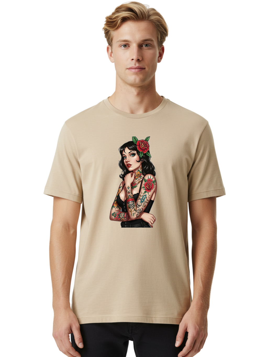 Pin-Up-Girl-Tattoos Men'S Graphic Tee, 100% Cotton, Comfortable Casual Summer Wear, Machine Washable, Tattooed Pin-Up Girl, Vintage Style, Rose In Hair, Arm Tattoos, Roses, Skull, Dagger, Edgy, Feminine Charm, Classic Tattoo Art, Body Art Bad417