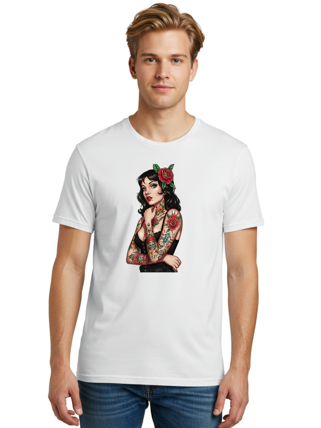 Pin-Up-Girl-Tattoos Men'S Graphic Tee, 100% Cotton, Comfortable Casual Summer Wear, Machine Washable, Tattooed Pin-Up Girl, Vintage Style, Rose In Hair, Arm Tattoos, Roses, Skull, Dagger, Edgy, Feminine Charm, Classic Tattoo Art, Body Art Bad417