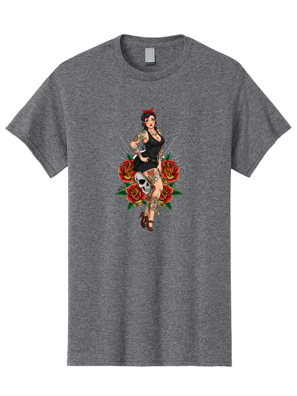 Pin-Up-Girl-With-Skull-And-Roses Men'S Graphic Tee, 100% Cotton, Comfortable Casual Summer Wear, Machine Washable, Pinup Girl, Tattoo Art, Red Roses, Skull, Daggers, Sexy Pose, Pin-Up Style, Vintage-Inspired, Bold Graphics, Feminine Charm, Bad418