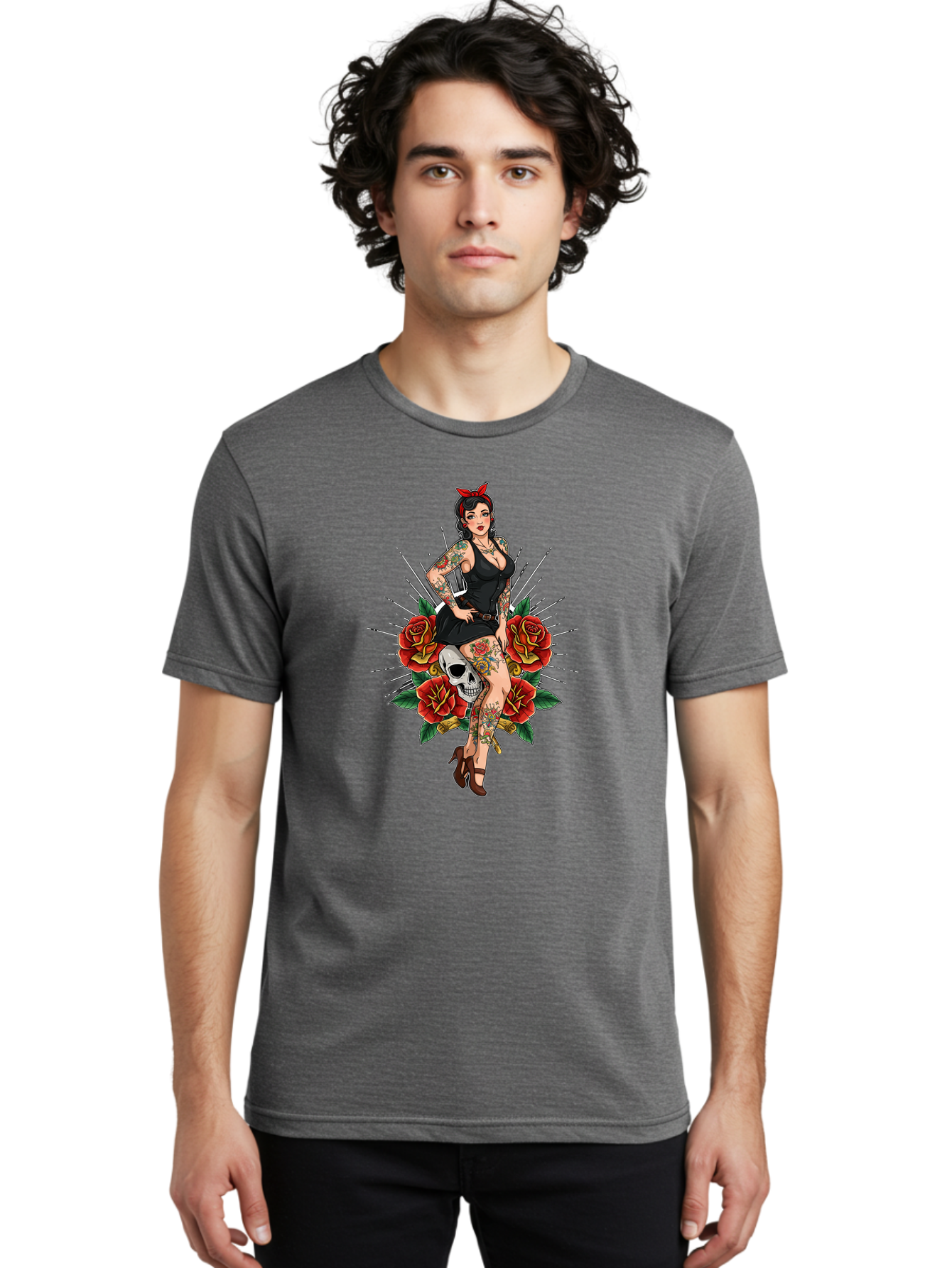 Pin-Up-Girl-With-Skull-And-Roses Men'S Graphic Tee, 100% Cotton, Comfortable Casual Summer Wear, Machine Washable, Pinup Girl, Tattoo Art, Red Roses, Skull, Daggers, Sexy Pose, Pin-Up Style, Vintage-Inspired, Bold Graphics, Feminine Charm, Bad418
