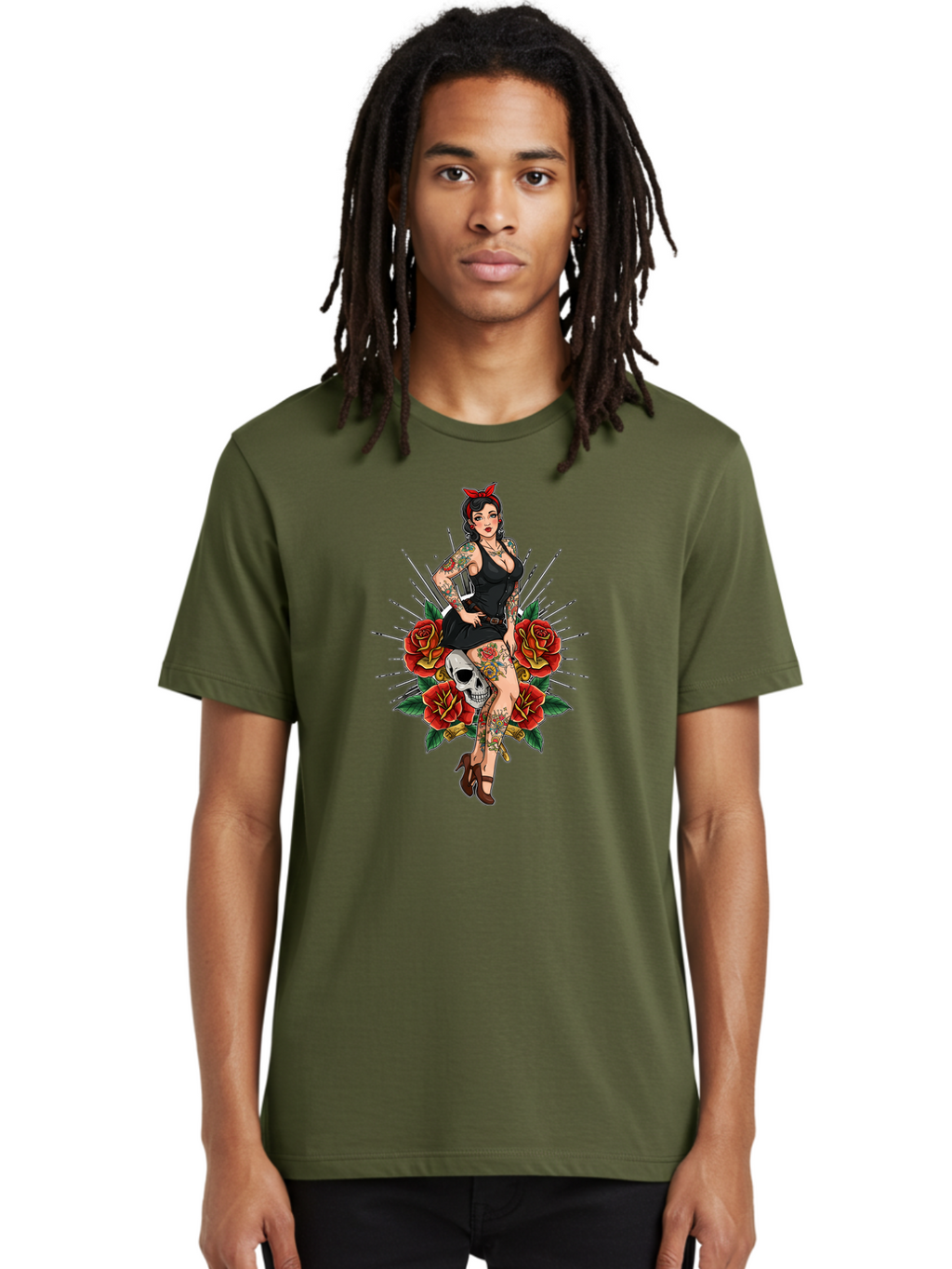 Pin-Up-Girl-With-Skull-And-Roses Men'S Graphic Tee, 100% Cotton, Comfortable Casual Summer Wear, Machine Washable, Pinup Girl, Tattoo Art, Red Roses, Skull, Daggers, Sexy Pose, Pin-Up Style, Vintage-Inspired, Bold Graphics, Feminine Charm, Bad418