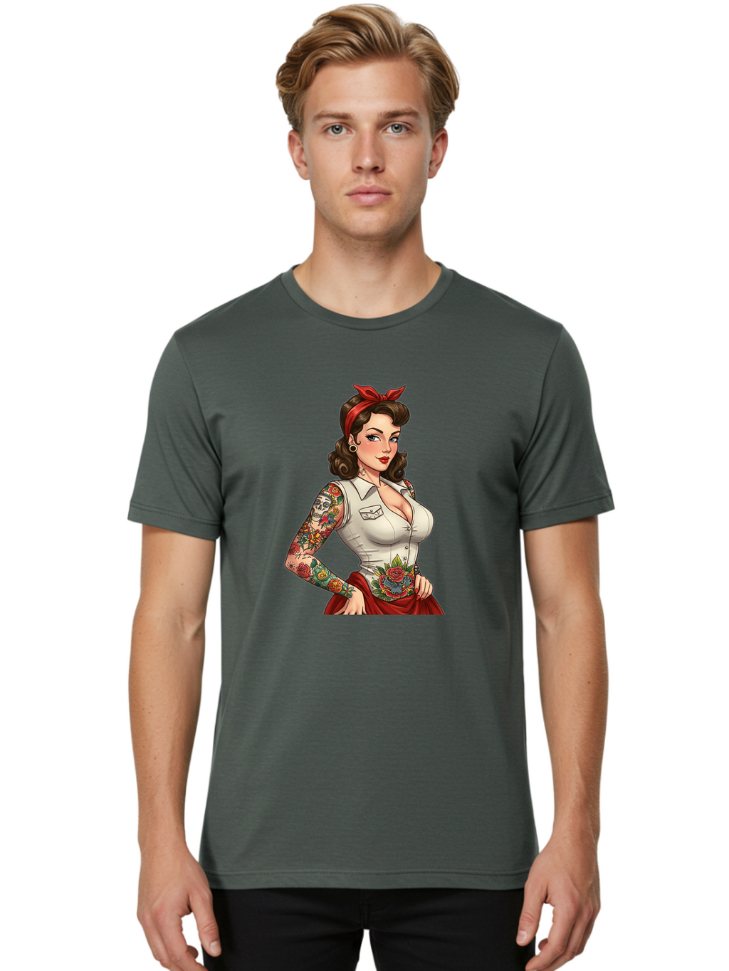 Pin-Up-Girl Men'S Graphic Tee, 100% Cotton, Comfortable Casual Summer Wear, Machine Washable, Pin-Up Girl, Vintage Style, Tattoos, Red Skirt, White Shirt, Curvy Figure, Cartoon Character, Retro Aesthetic, Feminine Charm, Bold And Sassy, Bad419