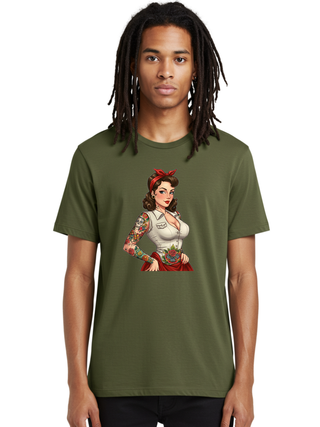 Pin-Up-Girl Men'S Graphic Tee, 100% Cotton, Comfortable Casual Summer Wear, Machine Washable, Pin-Up Girl, Vintage Style, Tattoos, Red Skirt, White Shirt, Curvy Figure, Cartoon Character, Retro Aesthetic, Feminine Charm, Bold And Sassy, Bad419