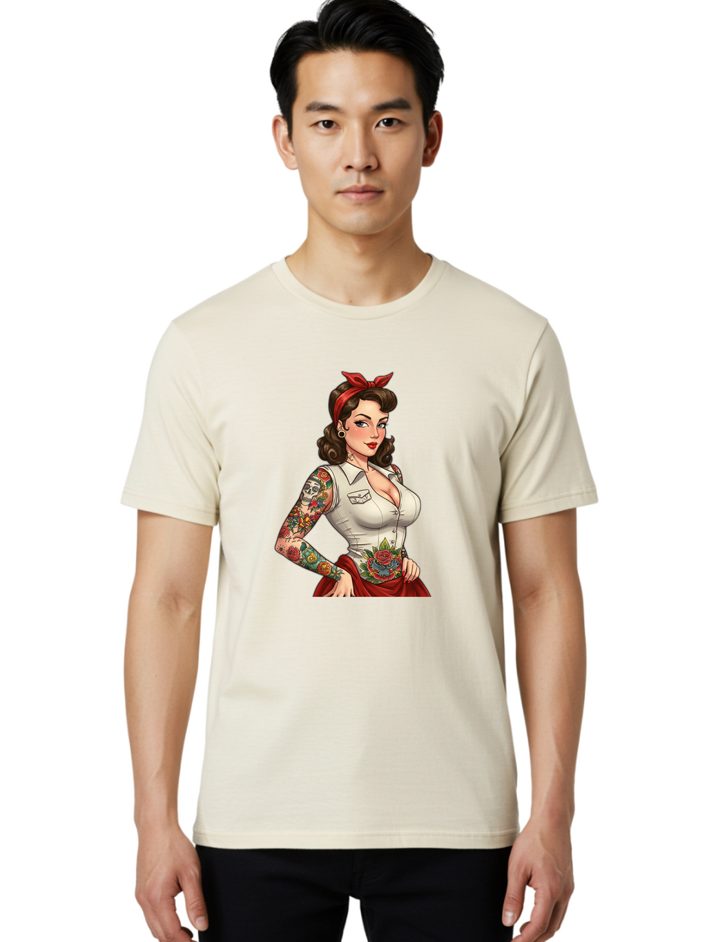 Pin-Up-Girl Men'S Graphic Tee, 100% Cotton, Comfortable Casual Summer Wear, Machine Washable, Pin-Up Girl, Vintage Style, Tattoos, Red Skirt, White Shirt, Curvy Figure, Cartoon Character, Retro Aesthetic, Feminine Charm, Bold And Sassy, Bad419