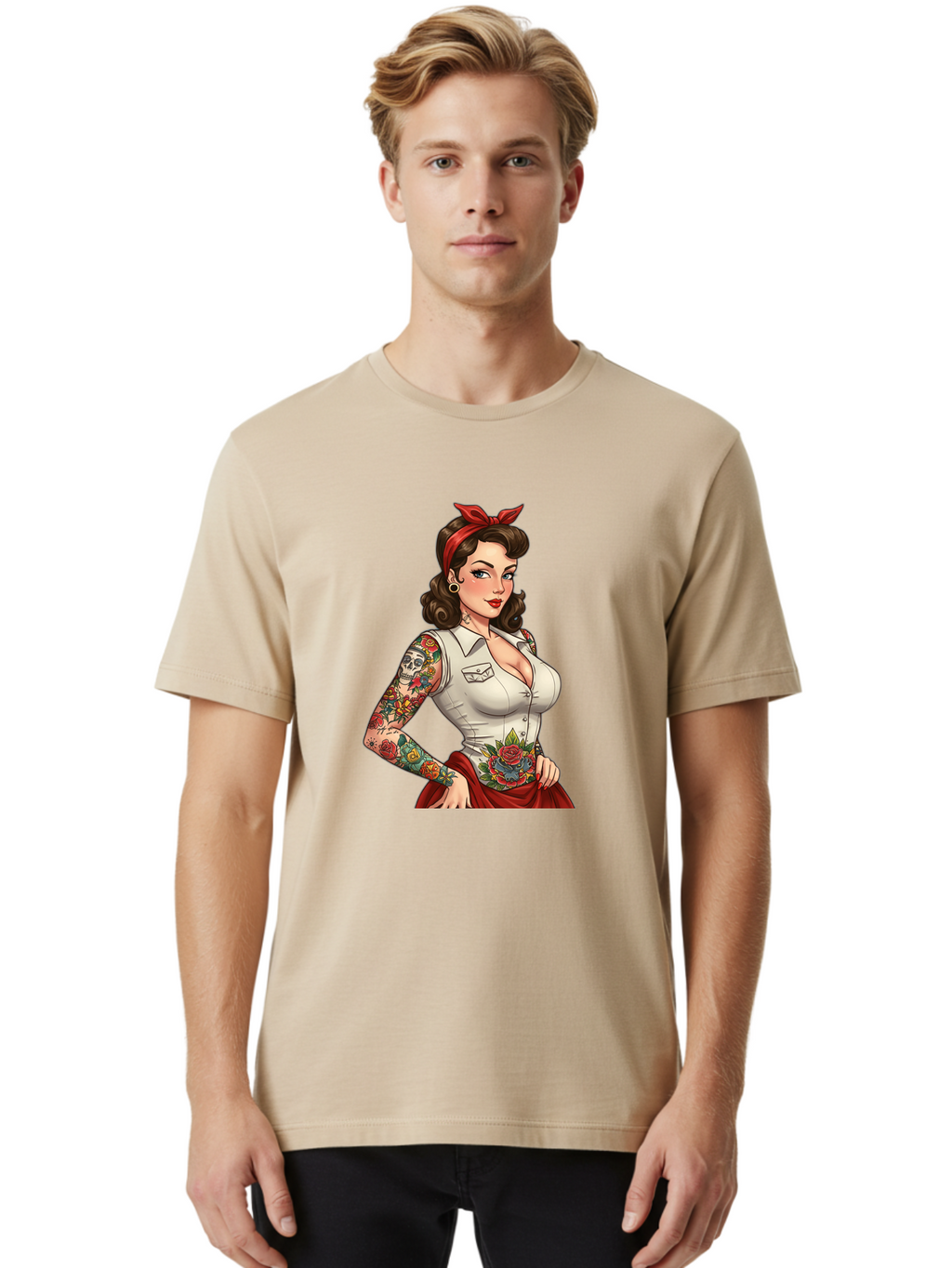 Pin-Up-Girl Men'S Graphic Tee, 100% Cotton, Comfortable Casual Summer Wear, Machine Washable, Pin-Up Girl, Vintage Style, Tattoos, Red Skirt, White Shirt, Curvy Figure, Cartoon Character, Retro Aesthetic, Feminine Charm, Bold And Sassy, Bad419