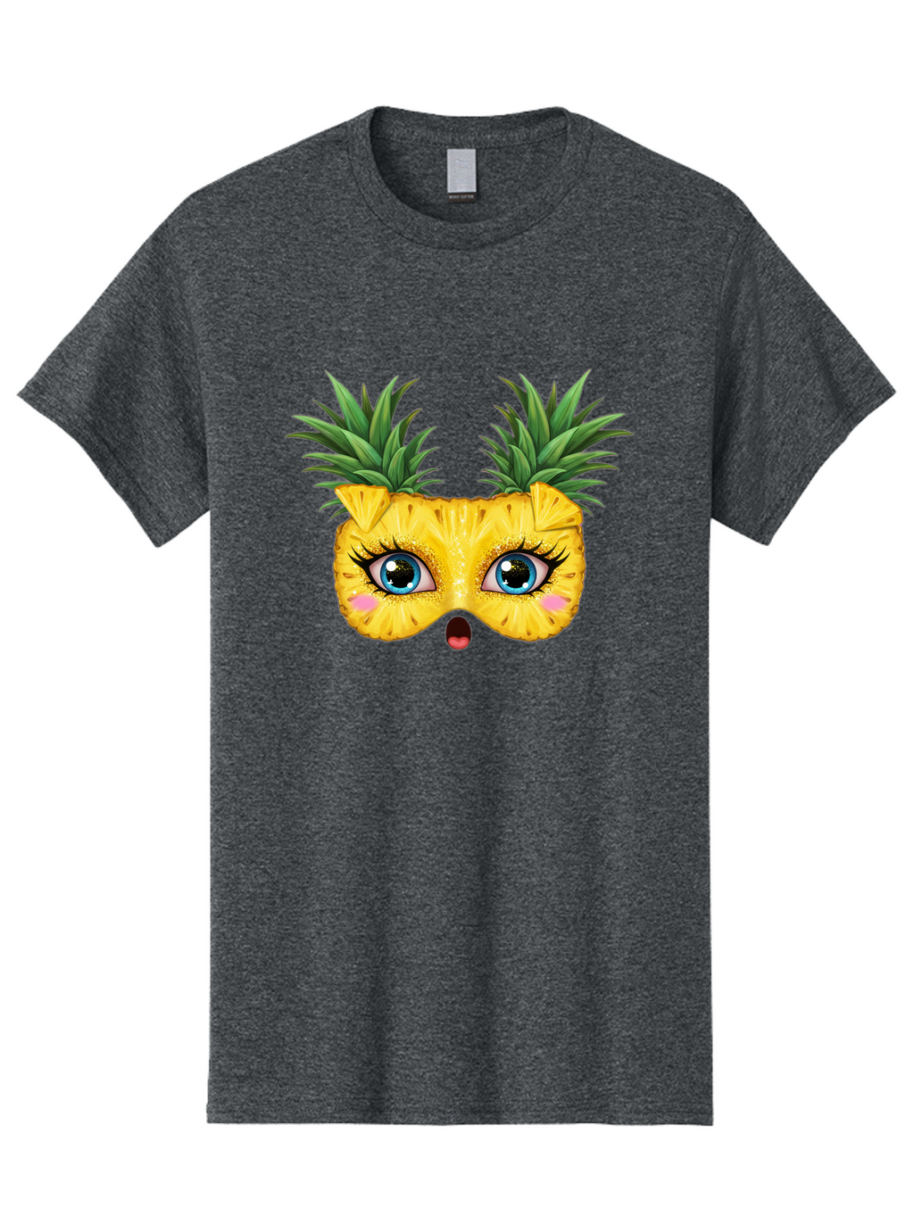 Pineapple-Mask Men'S Graphic Tee, 100% Cotton, Comfortable Casual Summer Wear, Machine Washable, Cartoon Pineapple With Face, Pineapple Character, Funny Fruit, Tropical Vibe, Blue Eyes, Eyelashes, Pink Cheeks, Surprised Expression, Summer Fun, Bad420