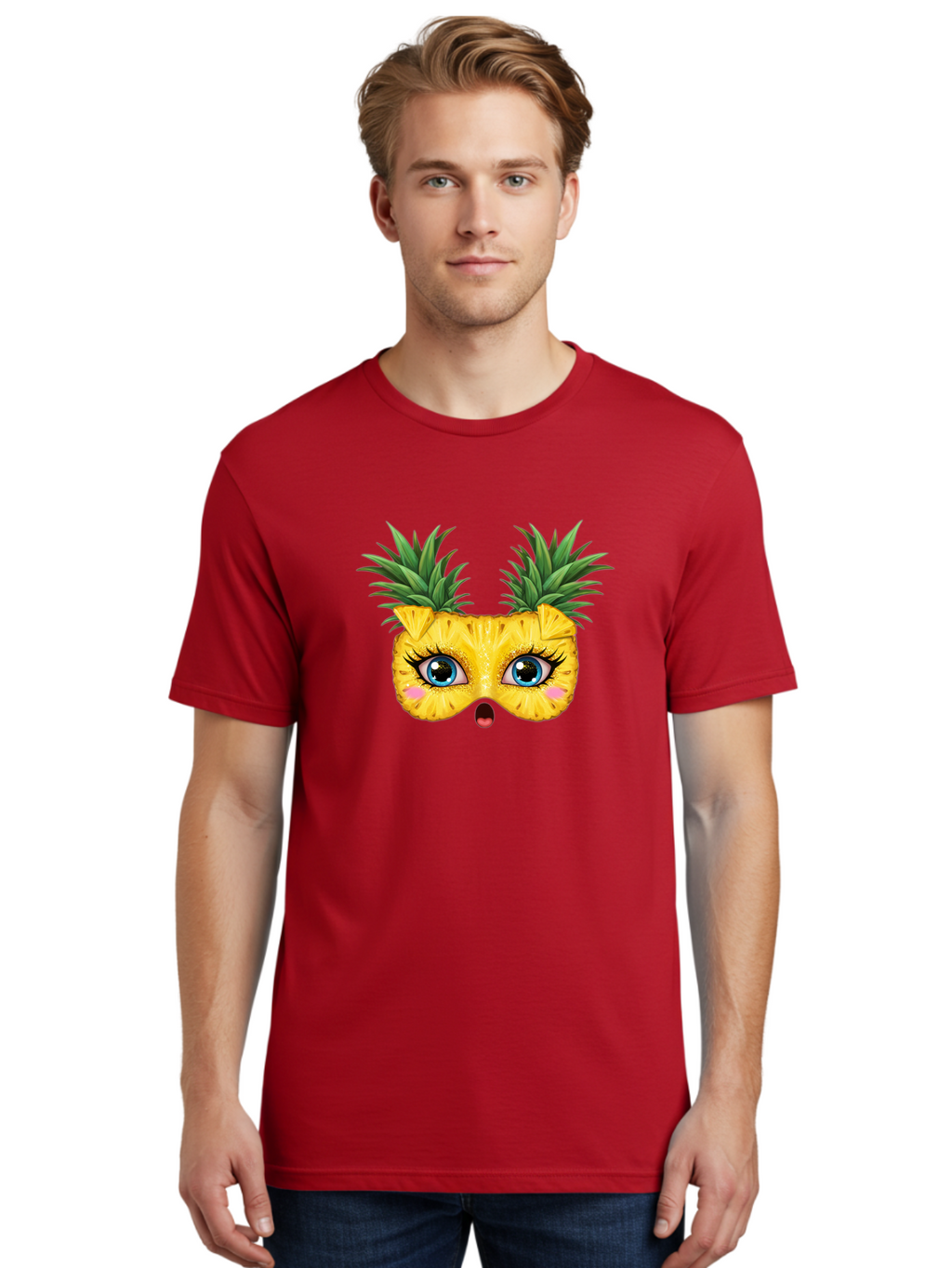 Pineapple-Mask Men'S Graphic Tee, 100% Cotton, Comfortable Casual Summer Wear, Machine Washable, Cartoon Pineapple With Face, Pineapple Character, Funny Fruit, Tropical Vibe, Blue Eyes, Eyelashes, Pink Cheeks, Surprised Expression, Summer Fun, Bad420