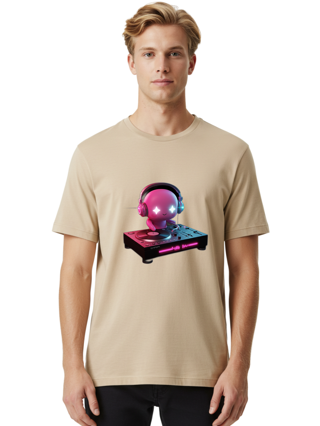 Pink-Alien-Dj Men'S Graphic Tee, 100% Cotton, Comfortable Casual Summer Wear, Machine Washable, Character Djing, Pink Headphones, Sparkling Eyes, Vinyl Record, Music Production, Electronic Dance Music, Dj Controller, Vibrant Scene, Bad421