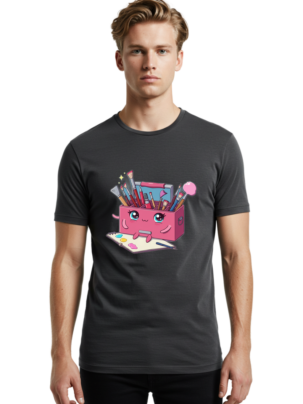 Pink-Art-Supply-Box Men'S Graphic Tee, 100% Cotton, Comfortable Casual Summer Wear, Machine Washable, Cartoon Toolbox, Art Supplies, Paintbrushes, Pencils, Colorful Palette, Creative Expression, Artistic Tools, Kawaii Character, Bad422