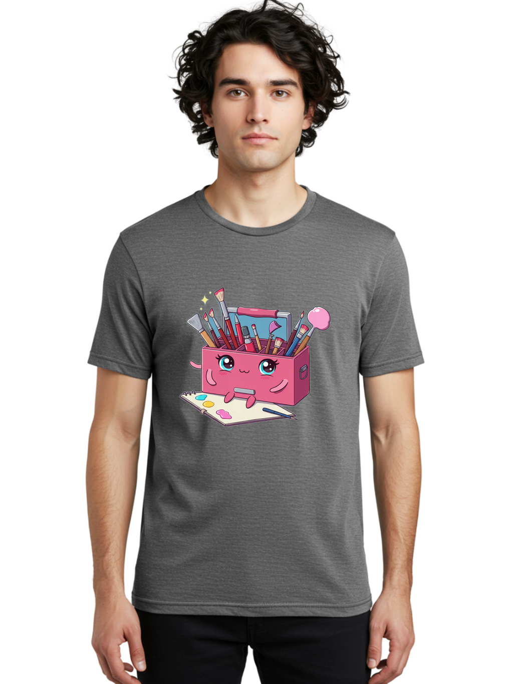 Pink-Art-Supply-Box Men'S Graphic Tee, 100% Cotton, Comfortable Casual Summer Wear, Machine Washable, Cartoon Toolbox, Art Supplies, Paintbrushes, Pencils, Colorful Palette, Creative Expression, Artistic Tools, Kawaii Character, Bad422