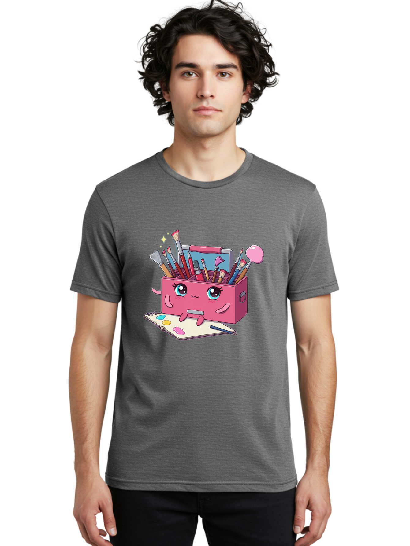 Pink-Art-Supply-Box Men'S Graphic Tee, 100% Cotton, Comfortable Casual Summer Wear, Machine Washable, Cartoon Toolbox, Art Supplies, Paintbrushes, Pencils, Colorful Palette, Creative Expression, Artistic Tools, Kawaii Character, Bad422