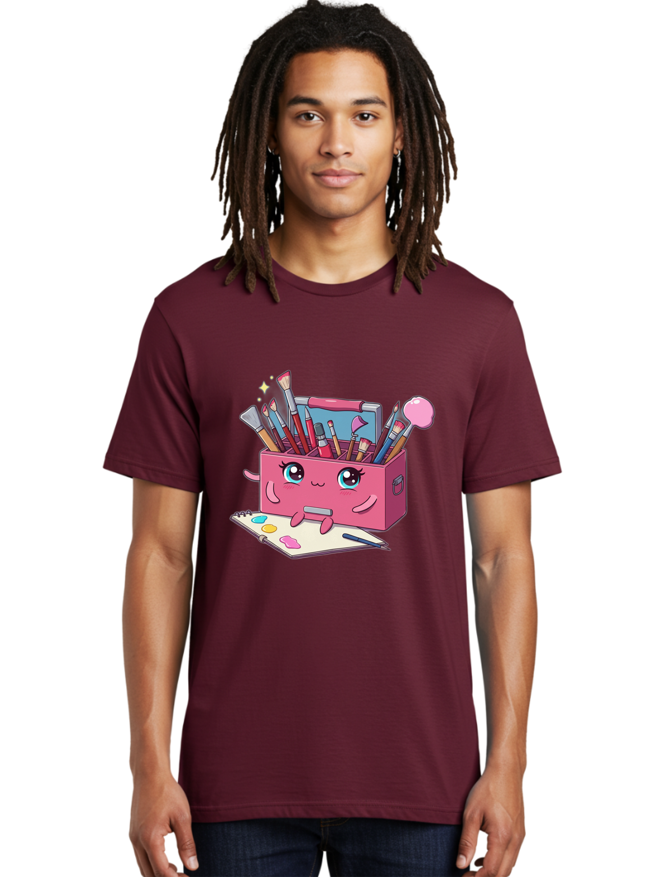 Pink-Art-Supply-Box Men'S Graphic Tee, 100% Cotton, Comfortable Casual Summer Wear, Machine Washable, Cartoon Toolbox, Art Supplies, Paintbrushes, Pencils, Colorful Palette, Creative Expression, Artistic Tools, Kawaii Character, Bad422