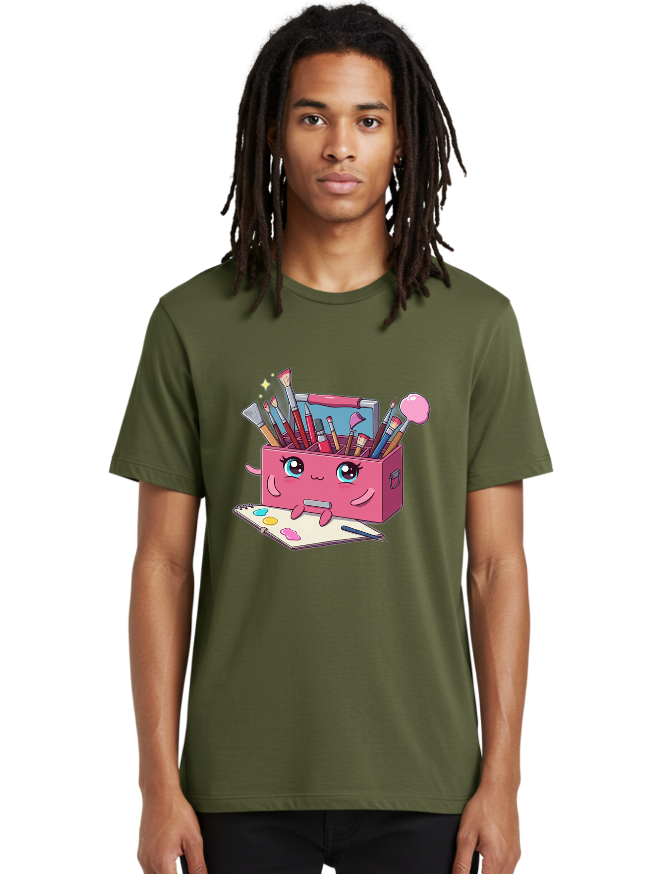 Pink-Art-Supply-Box Men'S Graphic Tee, 100% Cotton, Comfortable Casual Summer Wear, Machine Washable, Cartoon Toolbox, Art Supplies, Paintbrushes, Pencils, Colorful Palette, Creative Expression, Artistic Tools, Kawaii Character, Bad422