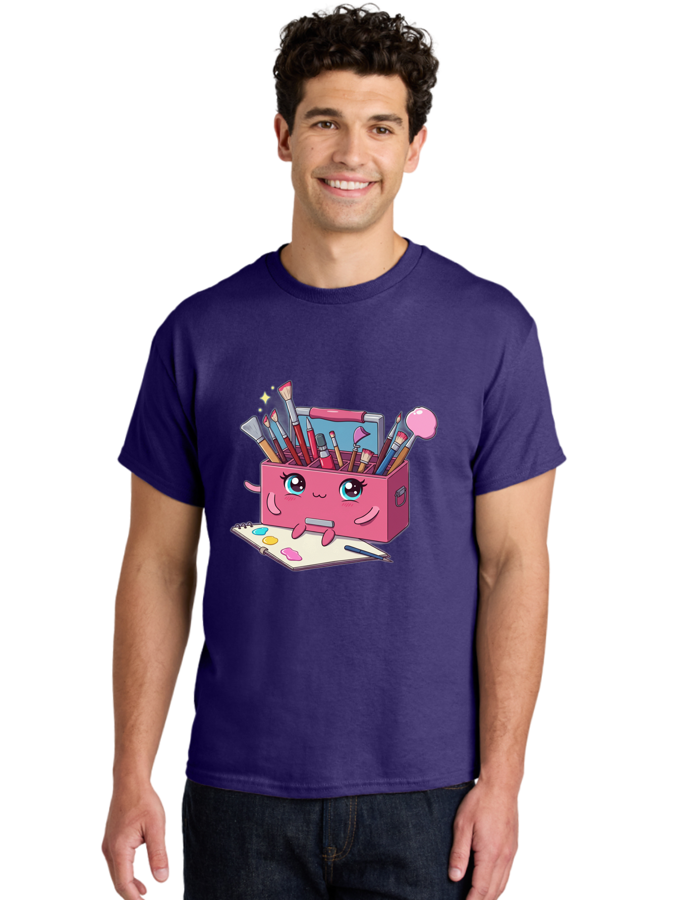 Pink-Art-Supply-Box Men'S Graphic Tee, 100% Cotton, Comfortable Casual Summer Wear, Machine Washable, Cartoon Toolbox, Art Supplies, Paintbrushes, Pencils, Colorful Palette, Creative Expression, Artistic Tools, Kawaii Character, Bad422