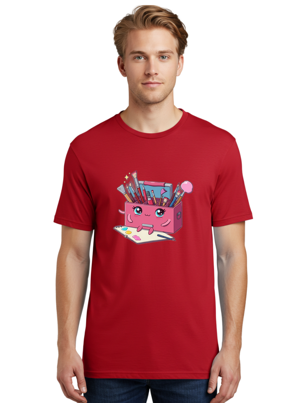 Pink-Art-Supply-Box Men'S Graphic Tee, 100% Cotton, Comfortable Casual Summer Wear, Machine Washable, Cartoon Toolbox, Art Supplies, Paintbrushes, Pencils, Colorful Palette, Creative Expression, Artistic Tools, Kawaii Character, Bad422