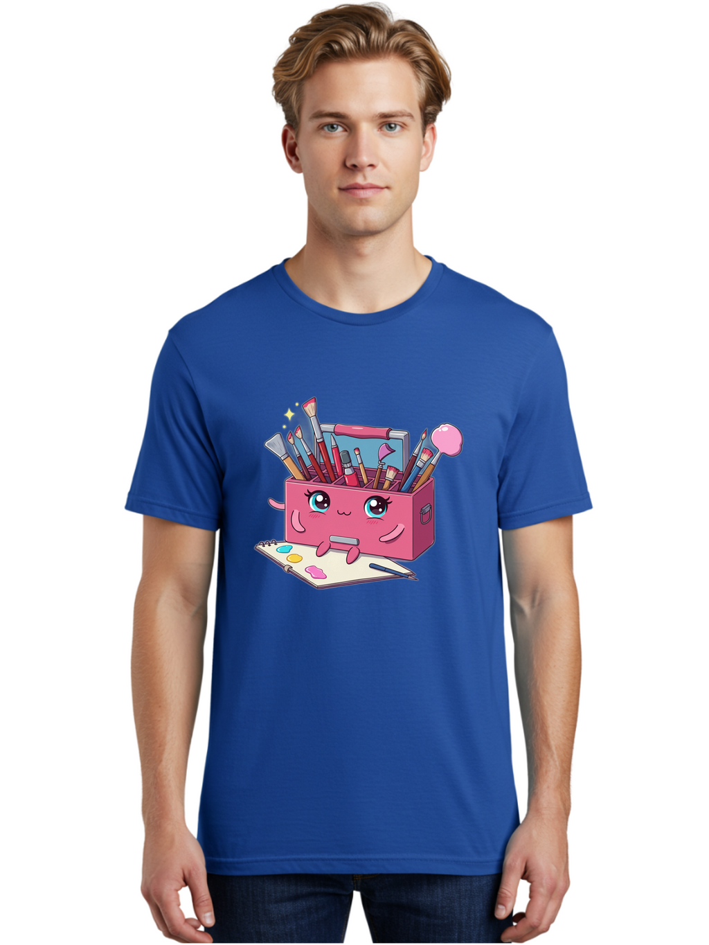 Pink-Art-Supply-Box Men'S Graphic Tee, 100% Cotton, Comfortable Casual Summer Wear, Machine Washable, Cartoon Toolbox, Art Supplies, Paintbrushes, Pencils, Colorful Palette, Creative Expression, Artistic Tools, Kawaii Character, Bad422