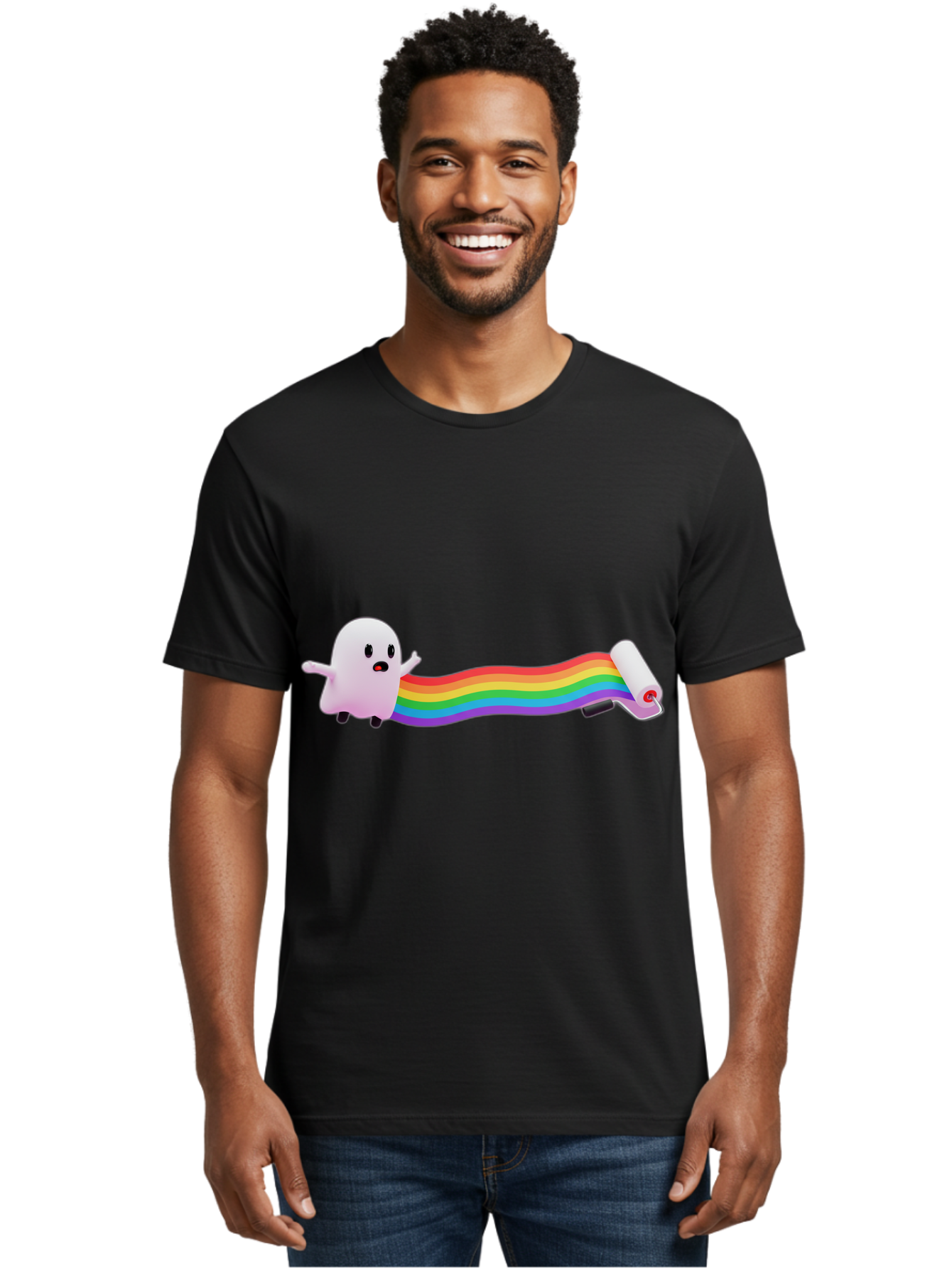 Pink-Blob-Rolling-Tape Men'S Graphic Tee, 100% Cotton, Comfortable Casual Summer Wear, Machine Washable, Cute Ghost, Rainbow Ribbon, Rolled-Up End, Whimsical Design, Playful Scene, Cartoon Style, Colorful Tape, Illustration Art, Bad423