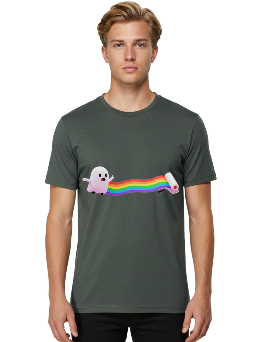 Pink-Blob-Rolling-Tape Men'S Graphic Tee, 100% Cotton, Comfortable Casual Summer Wear, Machine Washable, Cute Ghost, Rainbow Ribbon, Rolled-Up End, Whimsical Design, Playful Scene, Cartoon Style, Colorful Tape, Illustration Art, Bad423