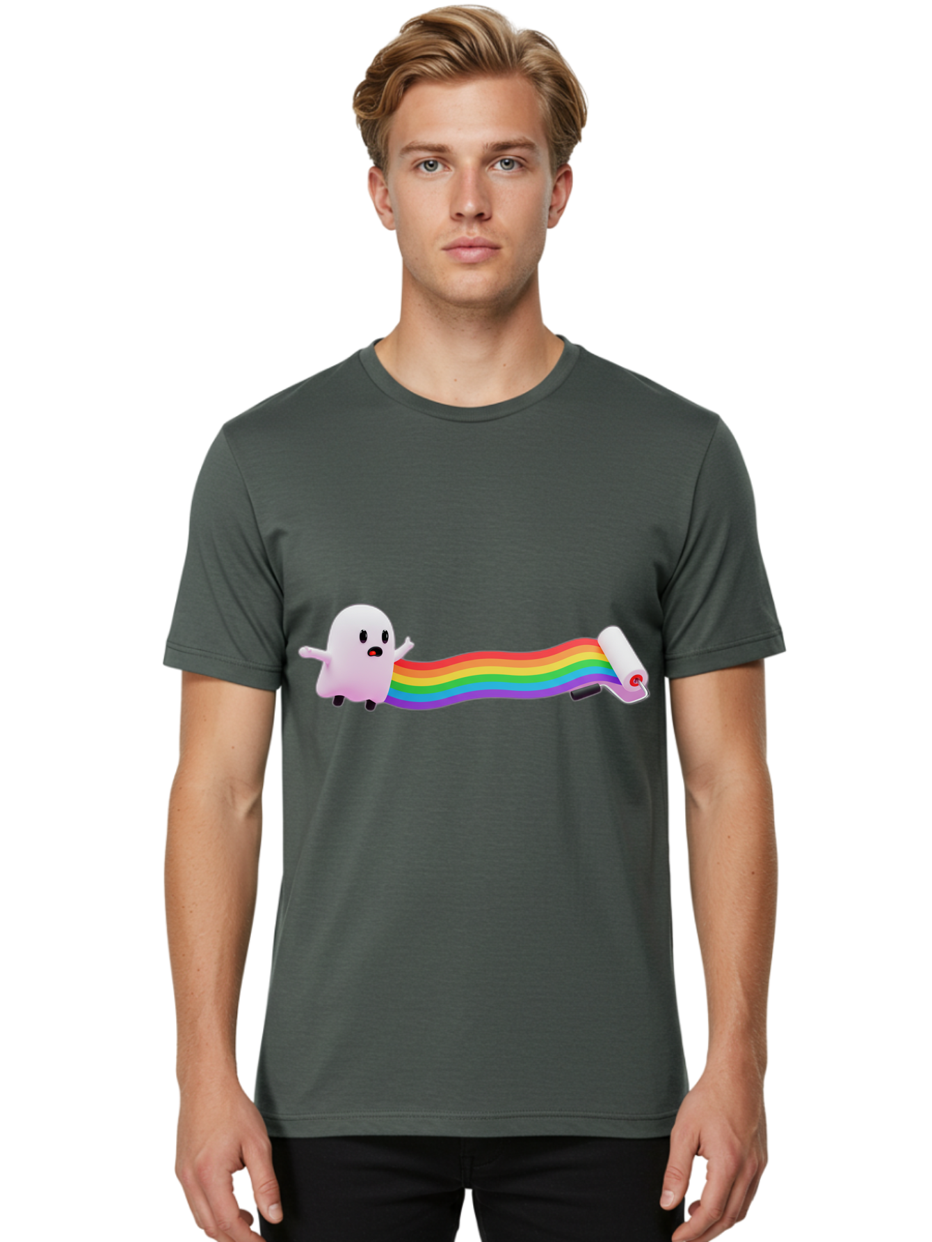 Pink-Blob-Rolling-Tape Men'S Graphic Tee, 100% Cotton, Comfortable Casual Summer Wear, Machine Washable, Cute Ghost, Rainbow Ribbon, Rolled-Up End, Whimsical Design, Playful Scene, Cartoon Style, Colorful Tape, Illustration Art, Bad423