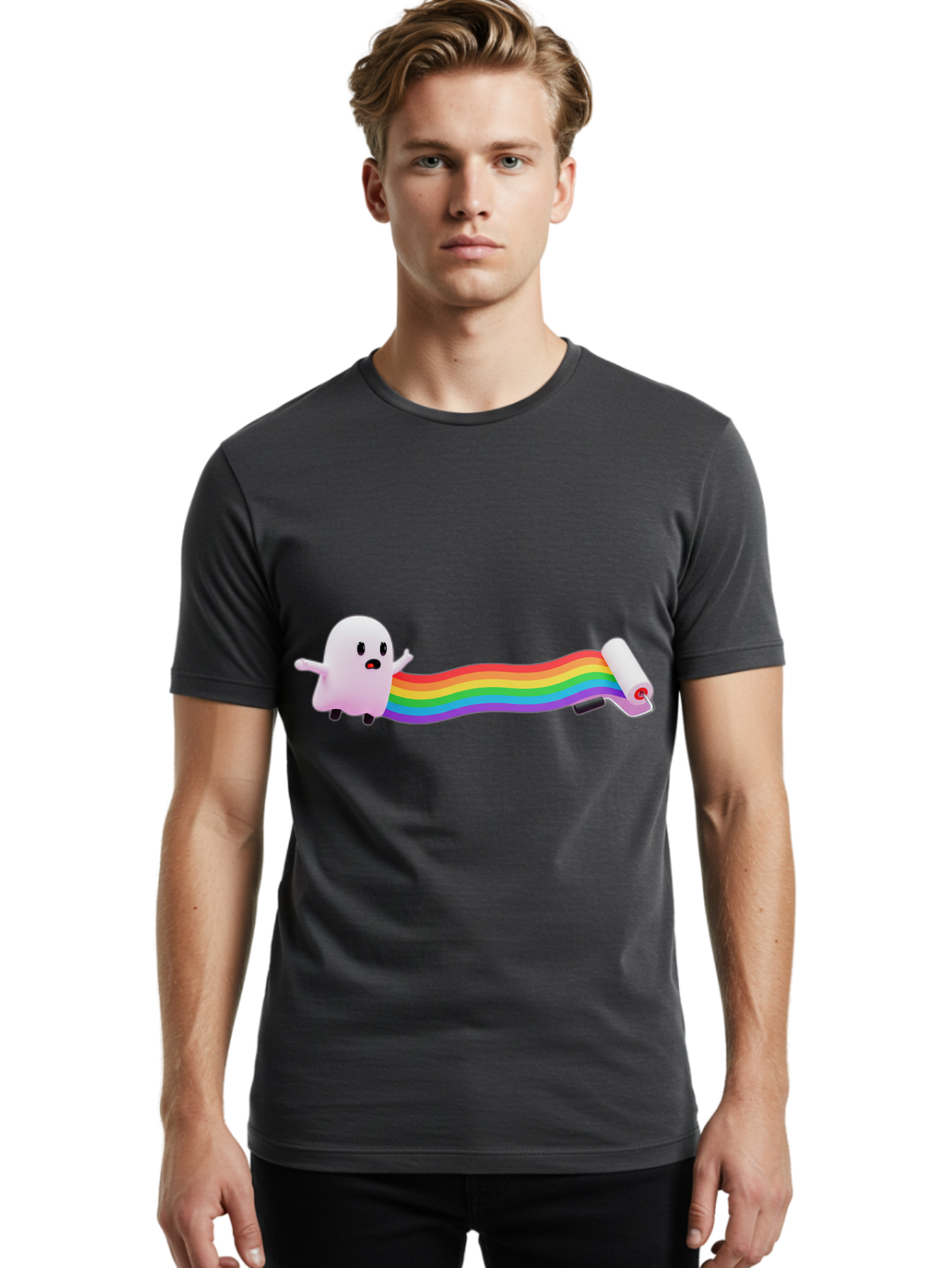 Pink-Blob-Rolling-Tape Men'S Graphic Tee, 100% Cotton, Comfortable Casual Summer Wear, Machine Washable, Cute Ghost, Rainbow Ribbon, Rolled-Up End, Whimsical Design, Playful Scene, Cartoon Style, Colorful Tape, Illustration Art, Bad423