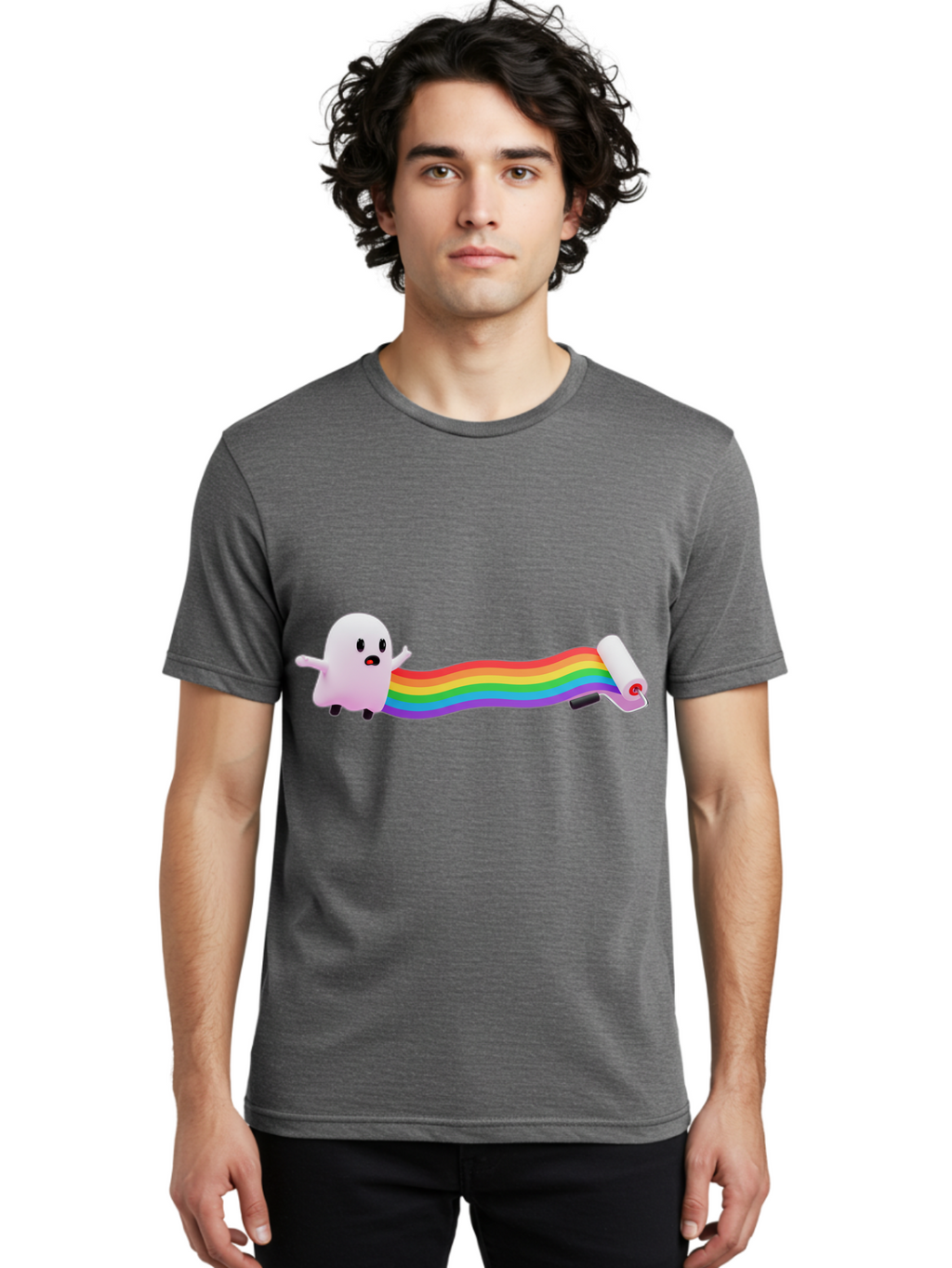 Pink-Blob-Rolling-Tape Men'S Graphic Tee, 100% Cotton, Comfortable Casual Summer Wear, Machine Washable, Cute Ghost, Rainbow Ribbon, Rolled-Up End, Whimsical Design, Playful Scene, Cartoon Style, Colorful Tape, Illustration Art, Bad423