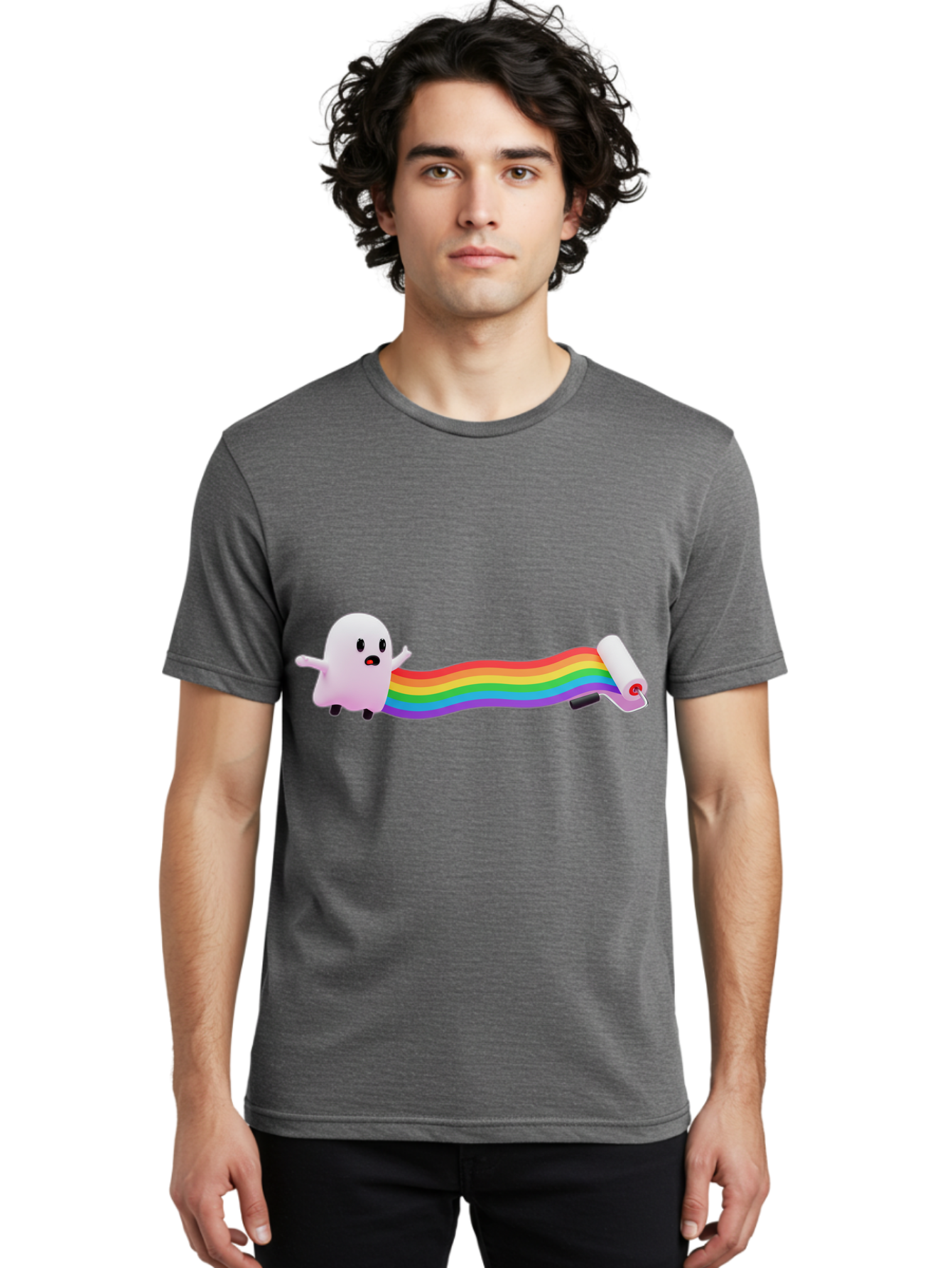 Pink-Blob-Rolling-Tape Men'S Graphic Tee, 100% Cotton, Comfortable Casual Summer Wear, Machine Washable, Cute Ghost, Rainbow Ribbon, Rolled-Up End, Whimsical Design, Playful Scene, Cartoon Style, Colorful Tape, Illustration Art, Bad423
