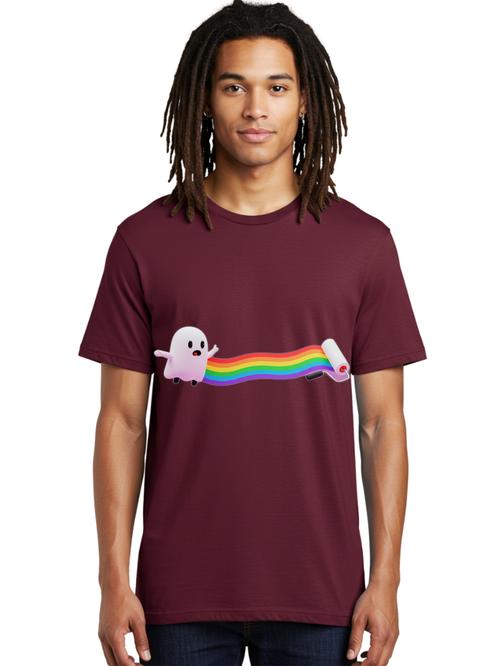 Pink-Blob-Rolling-Tape Men'S Graphic Tee, 100% Cotton, Comfortable Casual Summer Wear, Machine Washable, Cute Ghost, Rainbow Ribbon, Rolled-Up End, Whimsical Design, Playful Scene, Cartoon Style, Colorful Tape, Illustration Art, Bad423