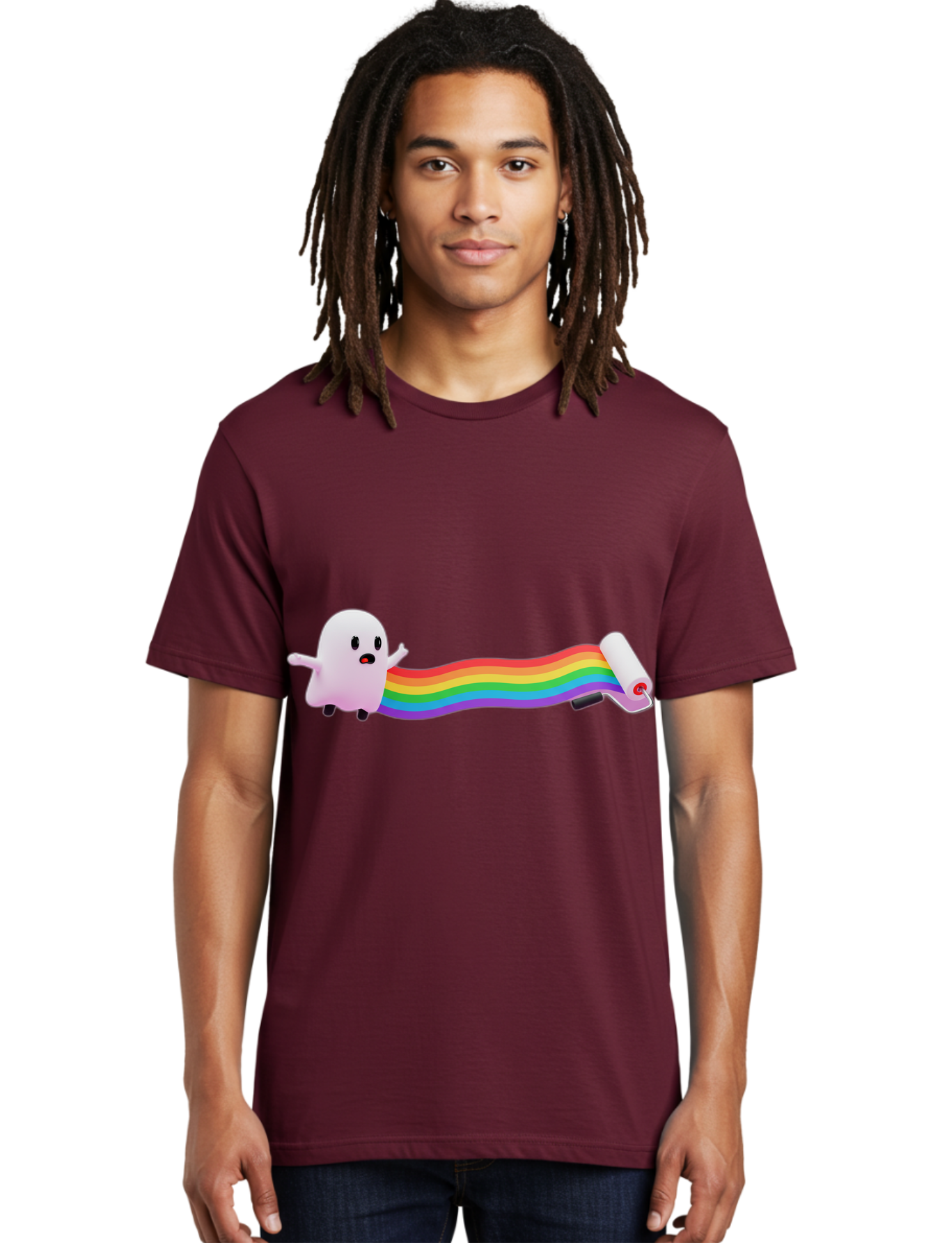 Pink-Blob-Rolling-Tape Men'S Graphic Tee, 100% Cotton, Comfortable Casual Summer Wear, Machine Washable, Cute Ghost, Rainbow Ribbon, Rolled-Up End, Whimsical Design, Playful Scene, Cartoon Style, Colorful Tape, Illustration Art, Bad423