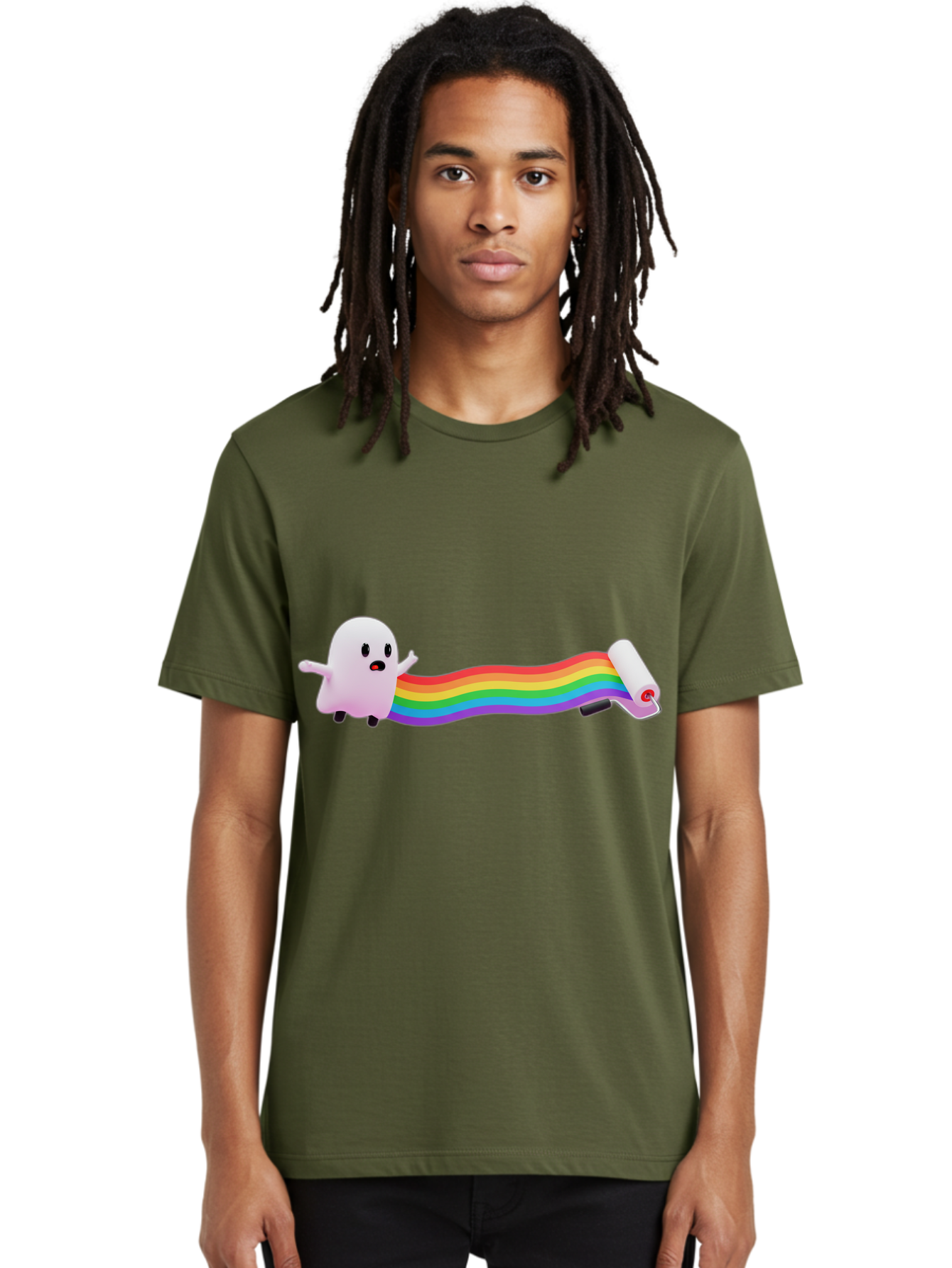 Pink-Blob-Rolling-Tape Men'S Graphic Tee, 100% Cotton, Comfortable Casual Summer Wear, Machine Washable, Cute Ghost, Rainbow Ribbon, Rolled-Up End, Whimsical Design, Playful Scene, Cartoon Style, Colorful Tape, Illustration Art, Bad423
