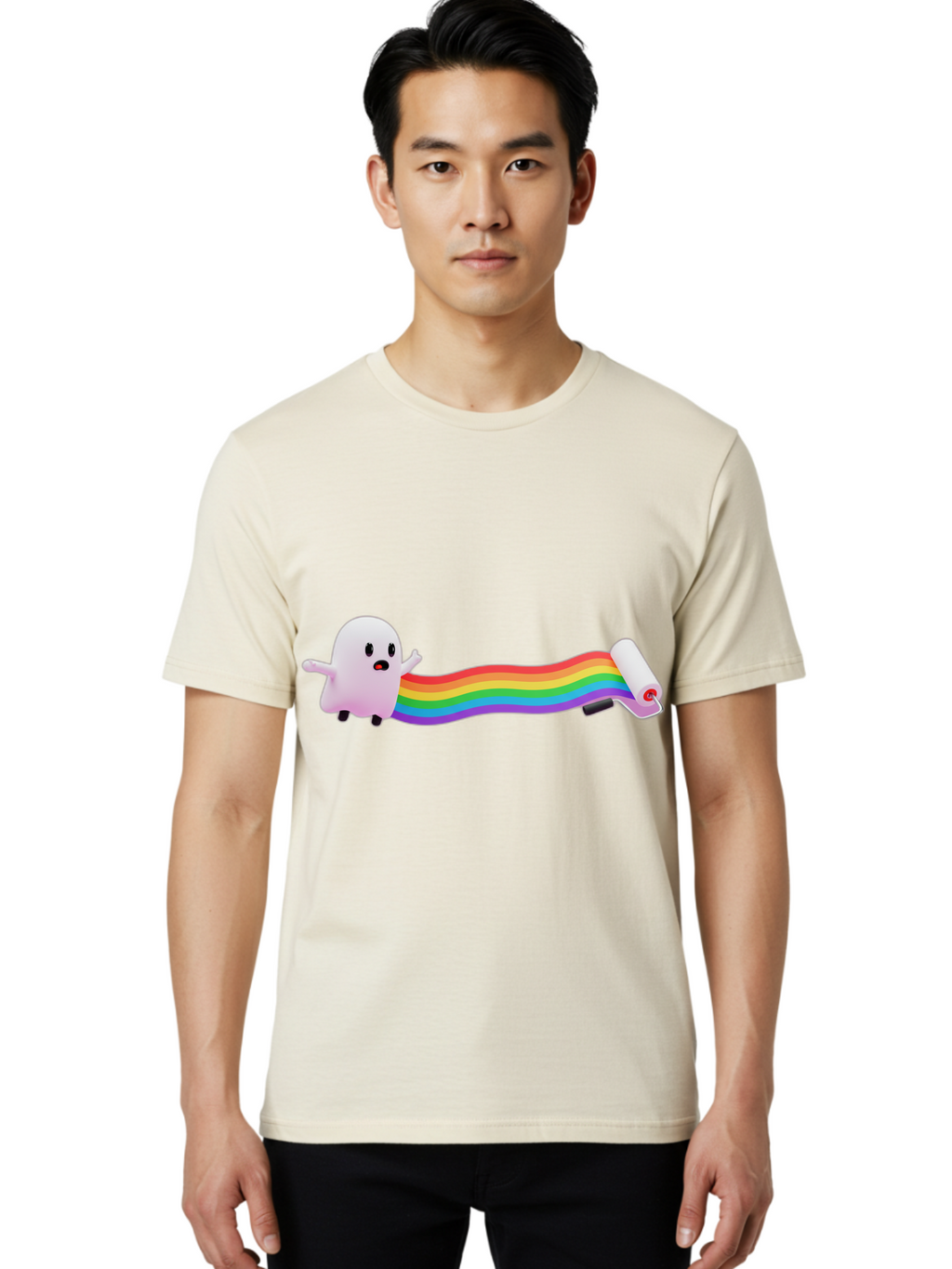 Pink-Blob-Rolling-Tape Men'S Graphic Tee, 100% Cotton, Comfortable Casual Summer Wear, Machine Washable, Cute Ghost, Rainbow Ribbon, Rolled-Up End, Whimsical Design, Playful Scene, Cartoon Style, Colorful Tape, Illustration Art, Bad423