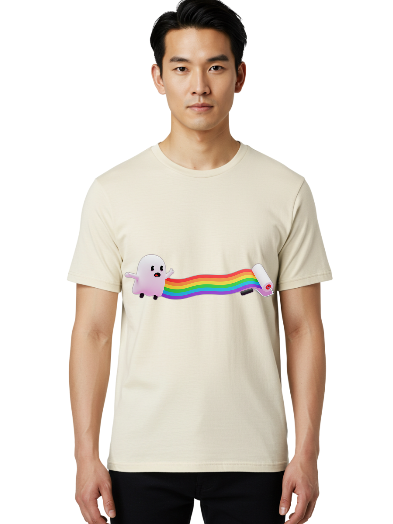 Pink-Blob-Rolling-Tape Men'S Graphic Tee, 100% Cotton, Comfortable Casual Summer Wear, Machine Washable, Cute Ghost, Rainbow Ribbon, Rolled-Up End, Whimsical Design, Playful Scene, Cartoon Style, Colorful Tape, Illustration Art, Bad423