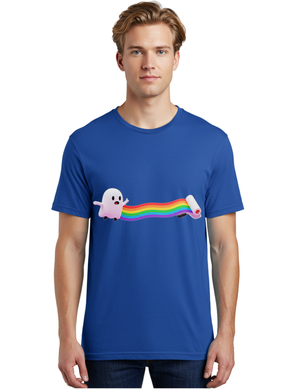 Pink-Blob-Rolling-Tape Men'S Graphic Tee, 100% Cotton, Comfortable Casual Summer Wear, Machine Washable, Cute Ghost, Rainbow Ribbon, Rolled-Up End, Whimsical Design, Playful Scene, Cartoon Style, Colorful Tape, Illustration Art, Bad423