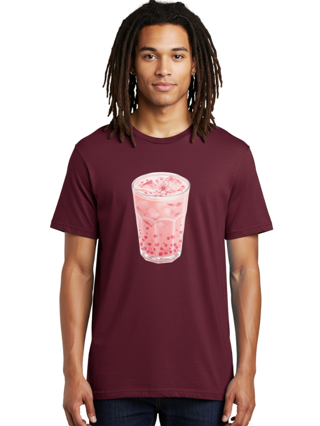 Pink-Boba-Tea Men'S Graphic Tee, 100% Cotton, Comfortable Casual Summer Wear, Machine Washable, Pink Boba, Boba Tea, Milk Tea, Iced Drink, Refreshing Beverage, Boba Bubbles, Sweet Treat, Floral Ice Cube, Chilled Drink Bad425
