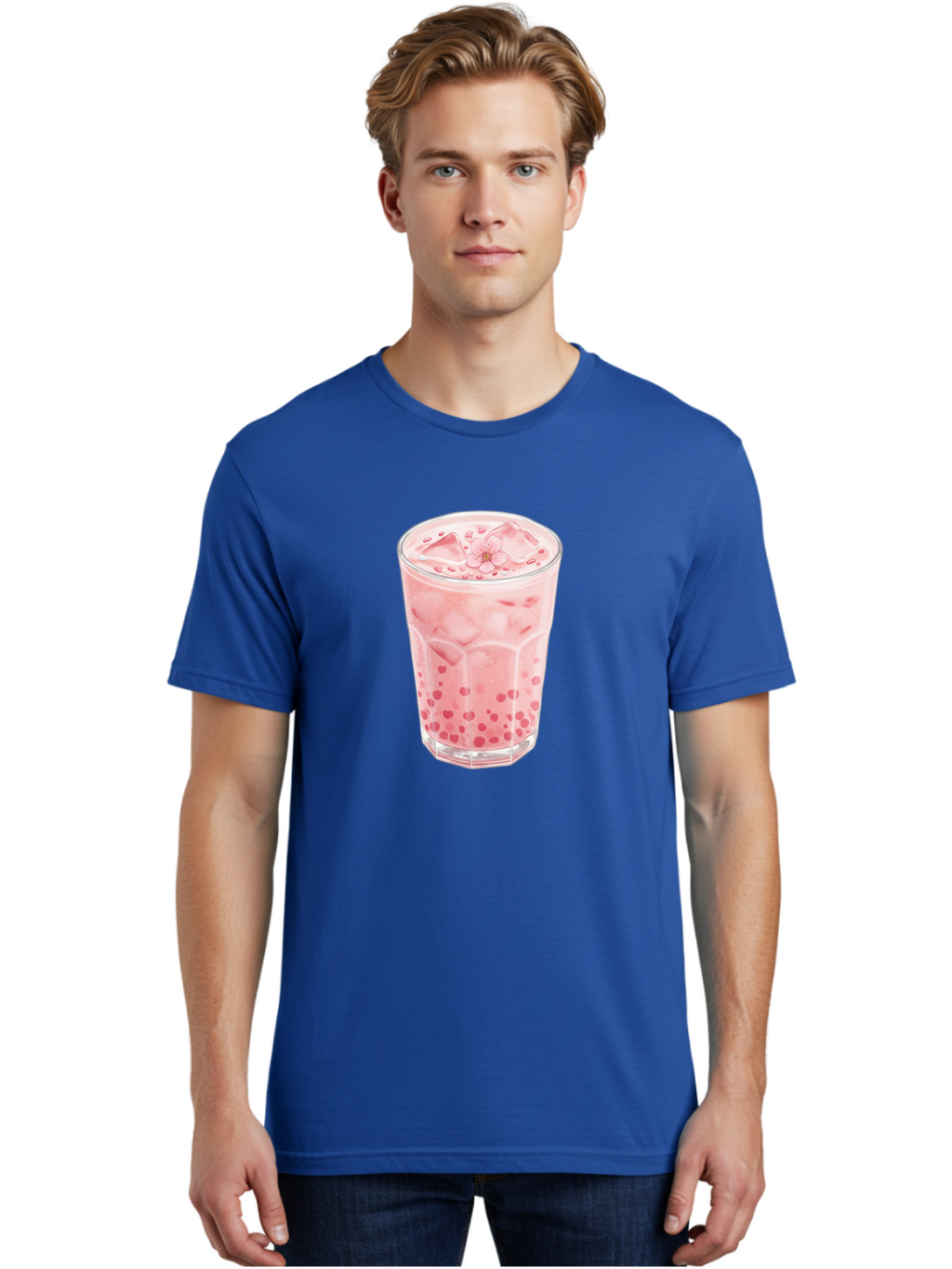 Pink-Boba-Tea Men'S Graphic Tee, 100% Cotton, Comfortable Casual Summer Wear, Machine Washable, Pink Boba, Boba Tea, Milk Tea, Iced Drink, Refreshing Beverage, Boba Bubbles, Sweet Treat, Floral Ice Cube, Chilled Drink Bad425