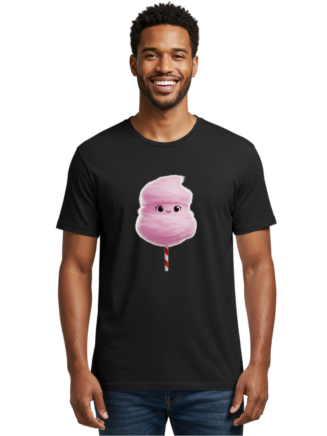 Pink-Cotton-Candy Men'S Graphic Tee, 100% Cotton, Comfortable Casual Summer Wear, Machine Washable, Pink Cotton Candy, Fluffy Sweet Treat, Cartoon Character, Smiling Face, Red And White Striped Stick, Cute Illustration, Cartoon Cotton Candy, Bad426