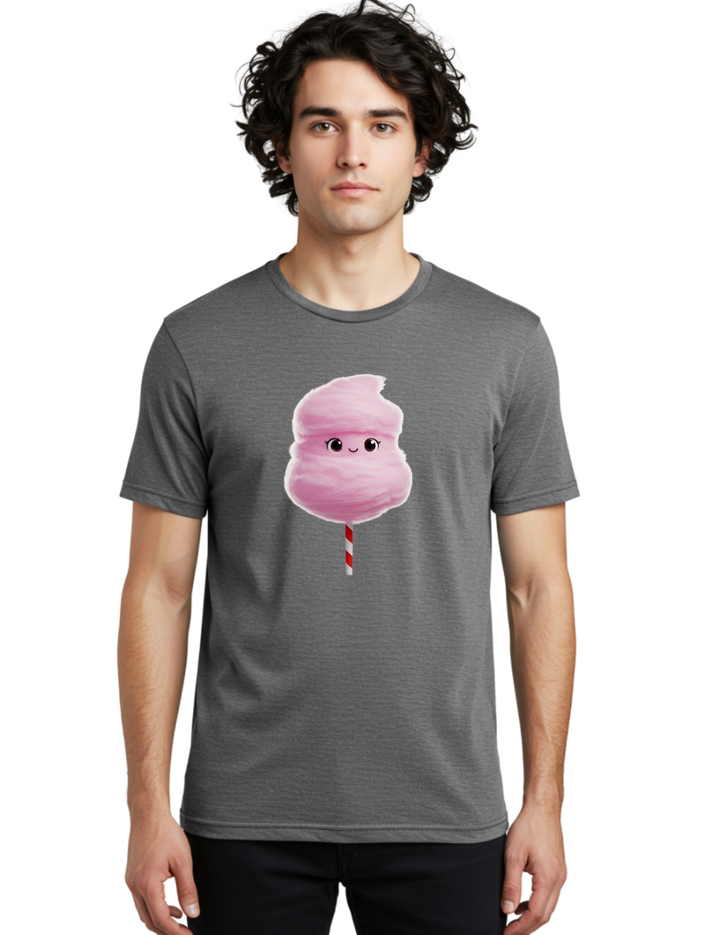 Pink-Cotton-Candy Men'S Graphic Tee, 100% Cotton, Comfortable Casual Summer Wear, Machine Washable, Pink Cotton Candy, Fluffy Sweet Treat, Cartoon Character, Smiling Face, Red And White Striped Stick, Cute Illustration, Cartoon Cotton Candy, Bad426