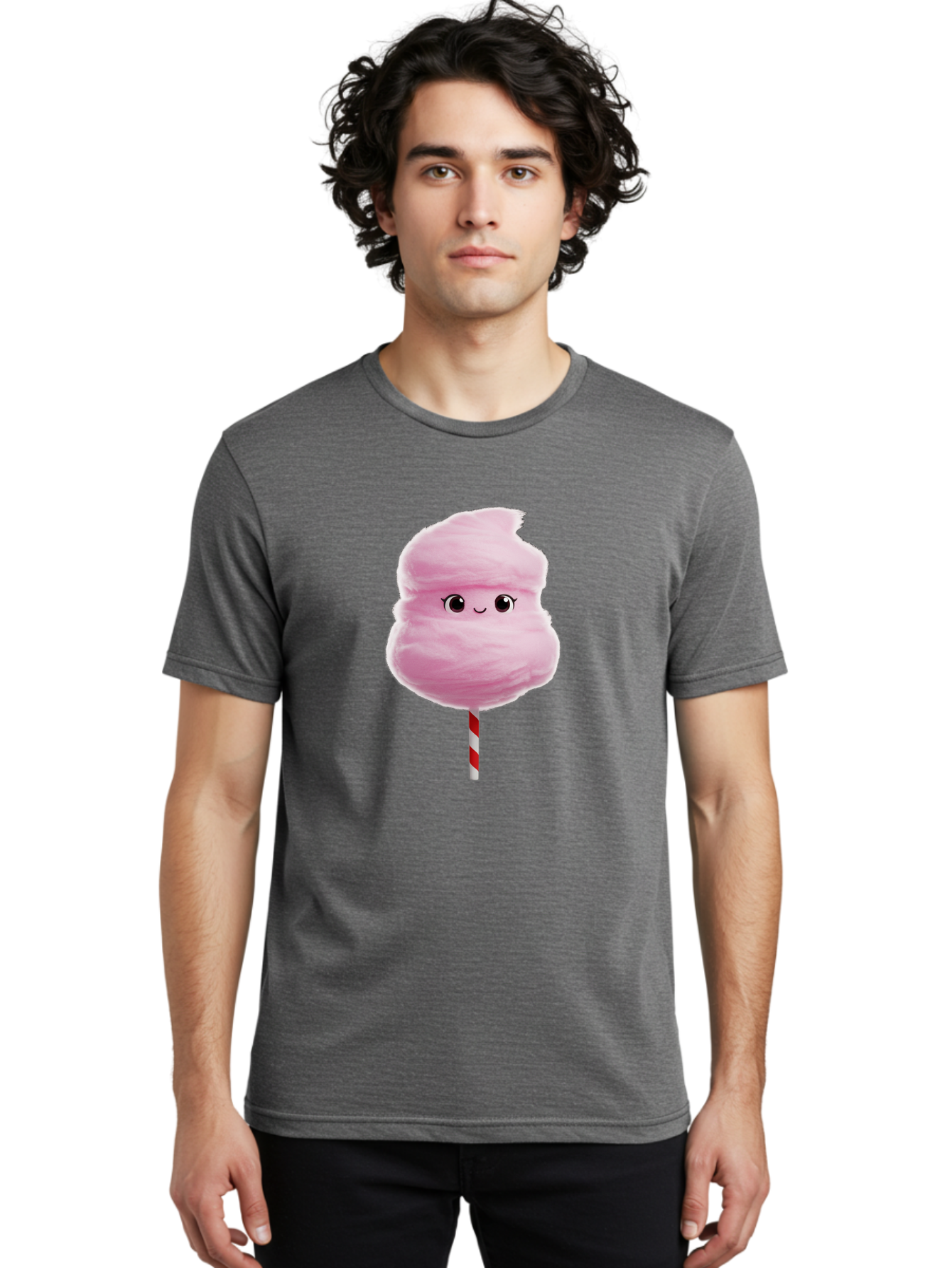 Pink-Cotton-Candy Men'S Graphic Tee, 100% Cotton, Comfortable Casual Summer Wear, Machine Washable, Pink Cotton Candy, Fluffy Sweet Treat, Cartoon Character, Smiling Face, Red And White Striped Stick, Cute Illustration, Cartoon Cotton Candy, Bad426