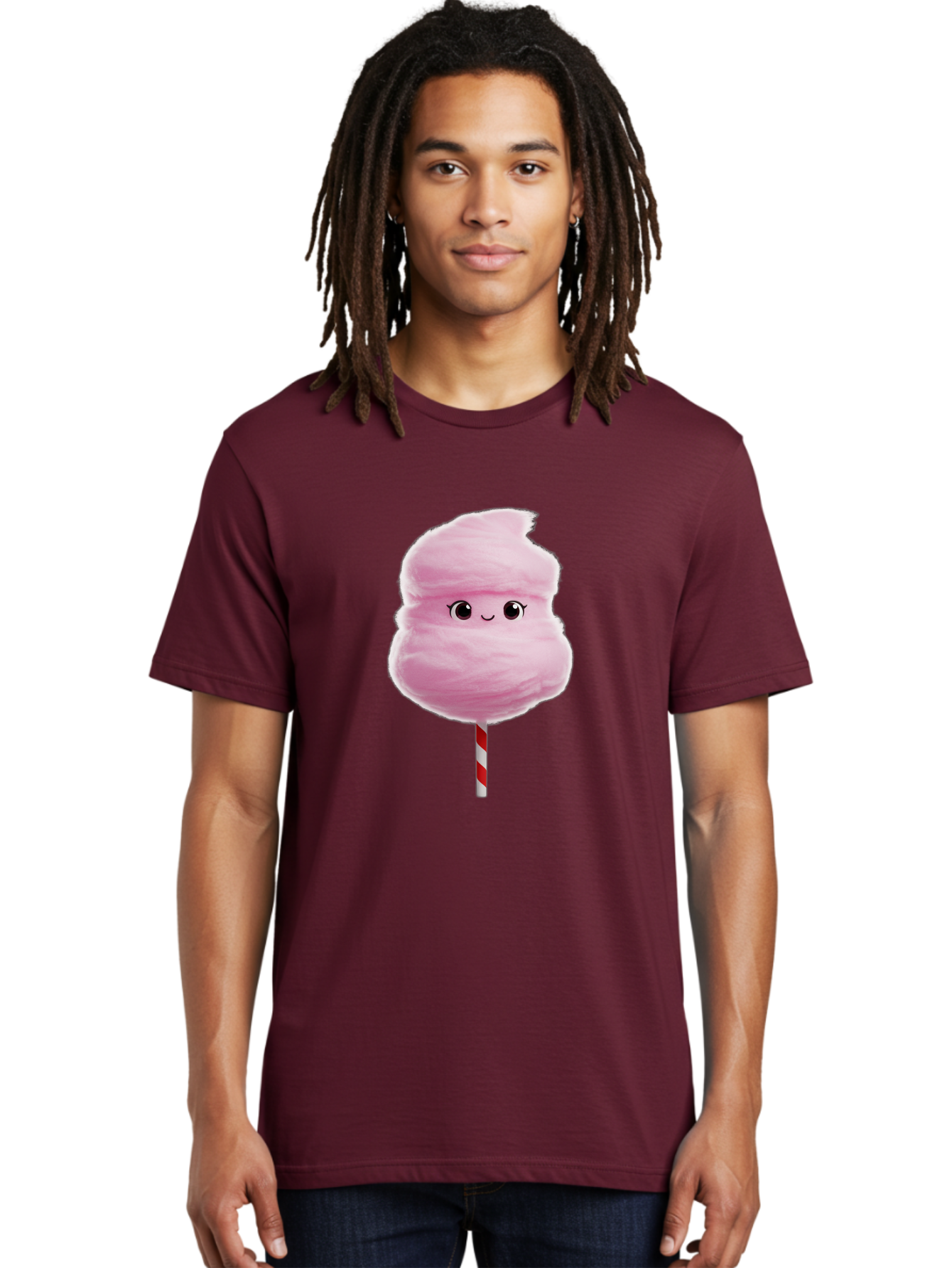 Pink-Cotton-Candy Men'S Graphic Tee, 100% Cotton, Comfortable Casual Summer Wear, Machine Washable, Pink Cotton Candy, Fluffy Sweet Treat, Cartoon Character, Smiling Face, Red And White Striped Stick, Cute Illustration, Cartoon Cotton Candy, Bad426