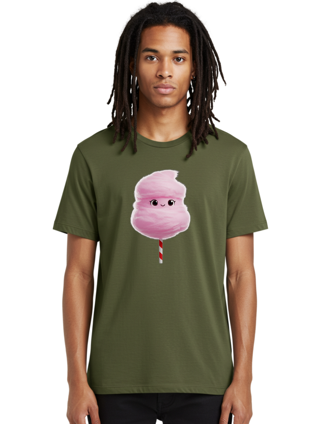 Pink-Cotton-Candy Men'S Graphic Tee, 100% Cotton, Comfortable Casual Summer Wear, Machine Washable, Pink Cotton Candy, Fluffy Sweet Treat, Cartoon Character, Smiling Face, Red And White Striped Stick, Cute Illustration, Cartoon Cotton Candy, Bad426