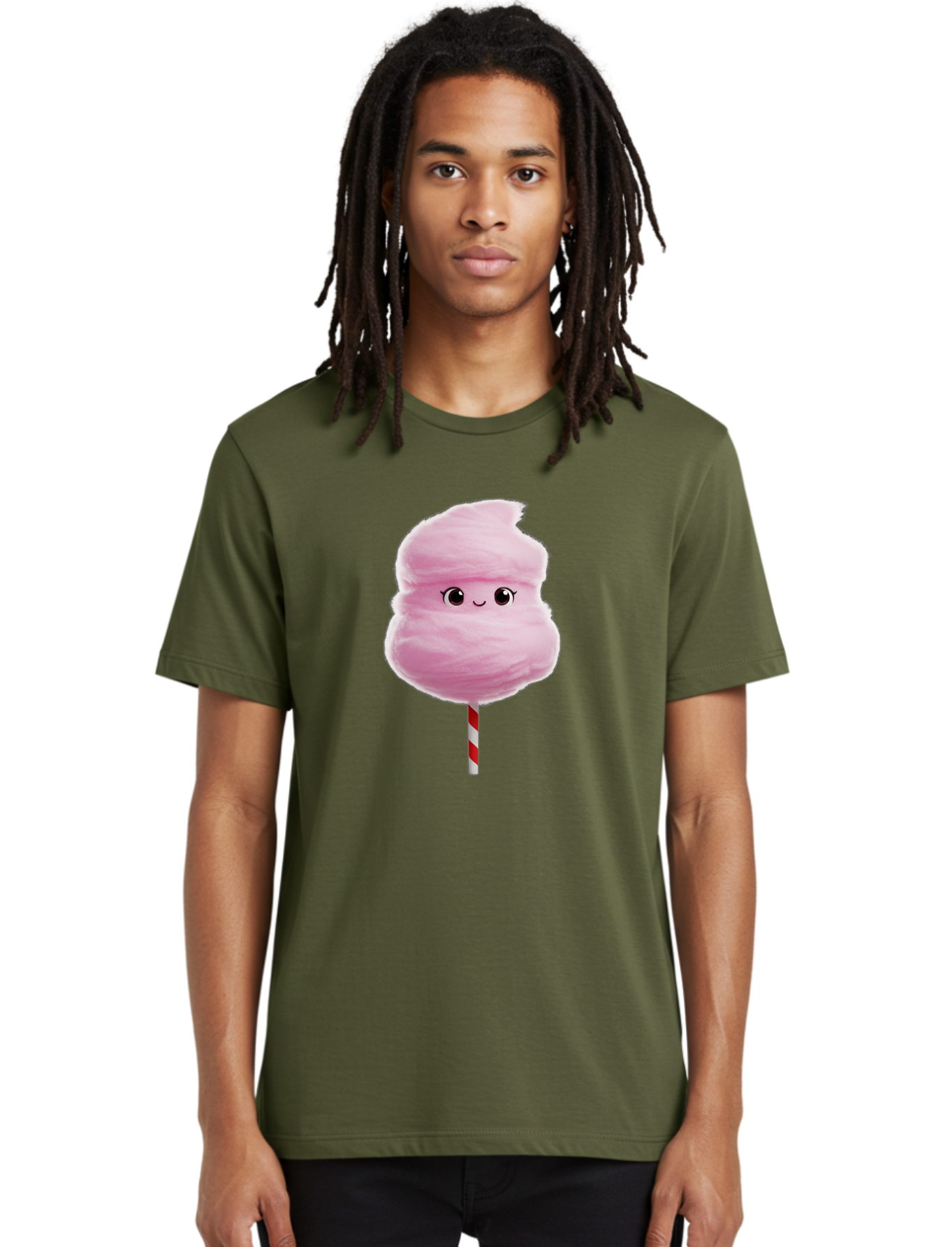 Pink-Cotton-Candy Men'S Graphic Tee, 100% Cotton, Comfortable Casual Summer Wear, Machine Washable, Pink Cotton Candy, Fluffy Sweet Treat, Cartoon Character, Smiling Face, Red And White Striped Stick, Cute Illustration, Cartoon Cotton Candy, Bad426