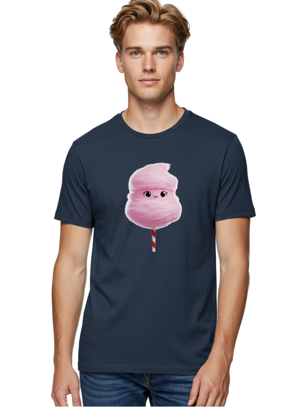 Pink-Cotton-Candy Men'S Graphic Tee, 100% Cotton, Comfortable Casual Summer Wear, Machine Washable, Pink Cotton Candy, Fluffy Sweet Treat, Cartoon Character, Smiling Face, Red And White Striped Stick, Cute Illustration, Cartoon Cotton Candy, Bad426