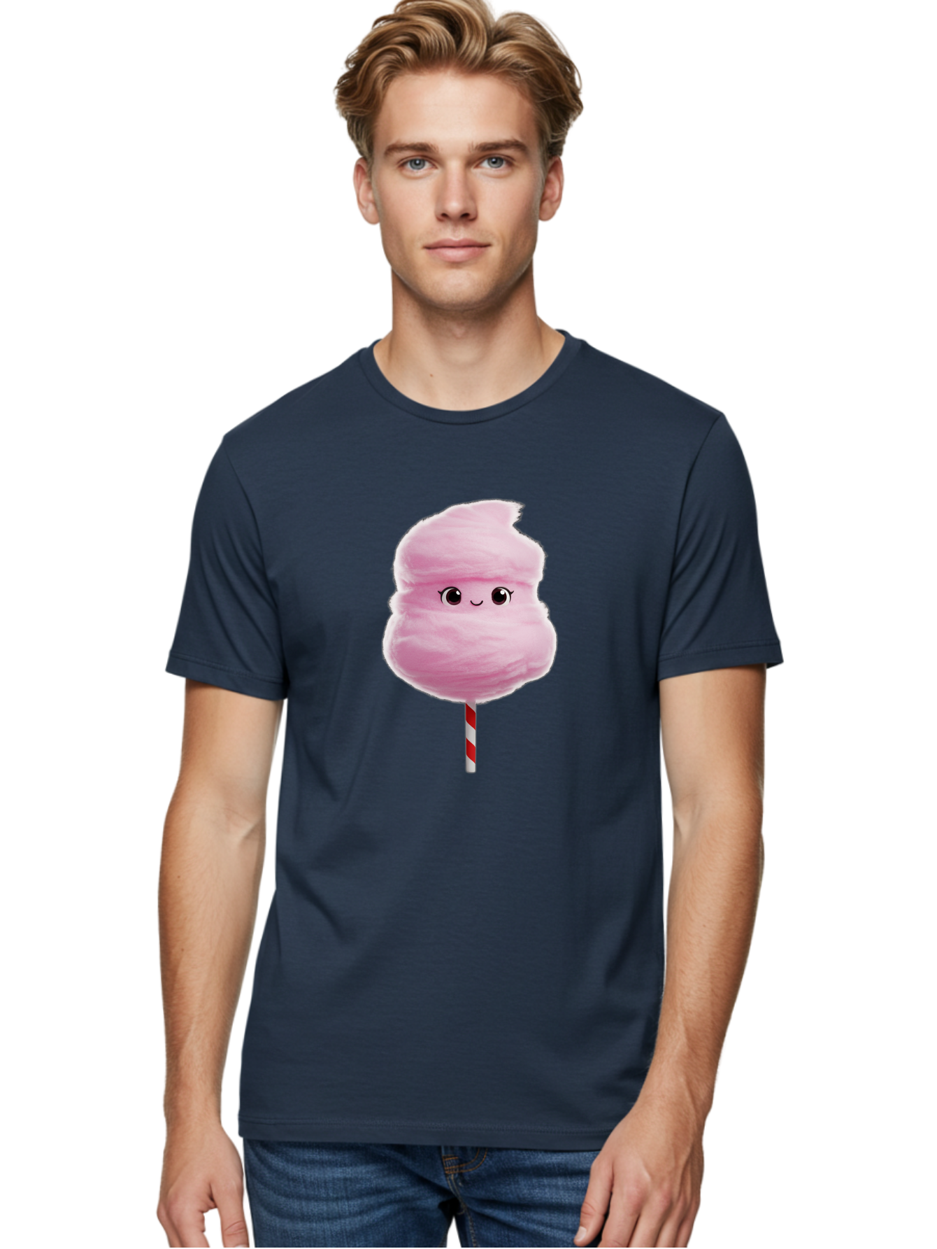 Pink-Cotton-Candy Men'S Graphic Tee, 100% Cotton, Comfortable Casual Summer Wear, Machine Washable, Pink Cotton Candy, Fluffy Sweet Treat, Cartoon Character, Smiling Face, Red And White Striped Stick, Cute Illustration, Cartoon Cotton Candy, Bad426